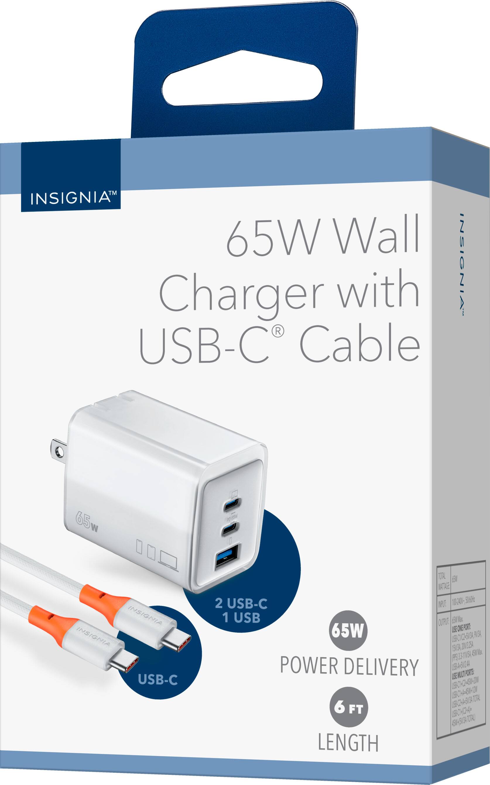 INSIGNIA™ 65W Wall Charger with USB-C® Cable  
INSIGNIA™ 65W  
2 USB-C  
1 USB  
65W POWER DELIVERY  
6 FT LENGTH