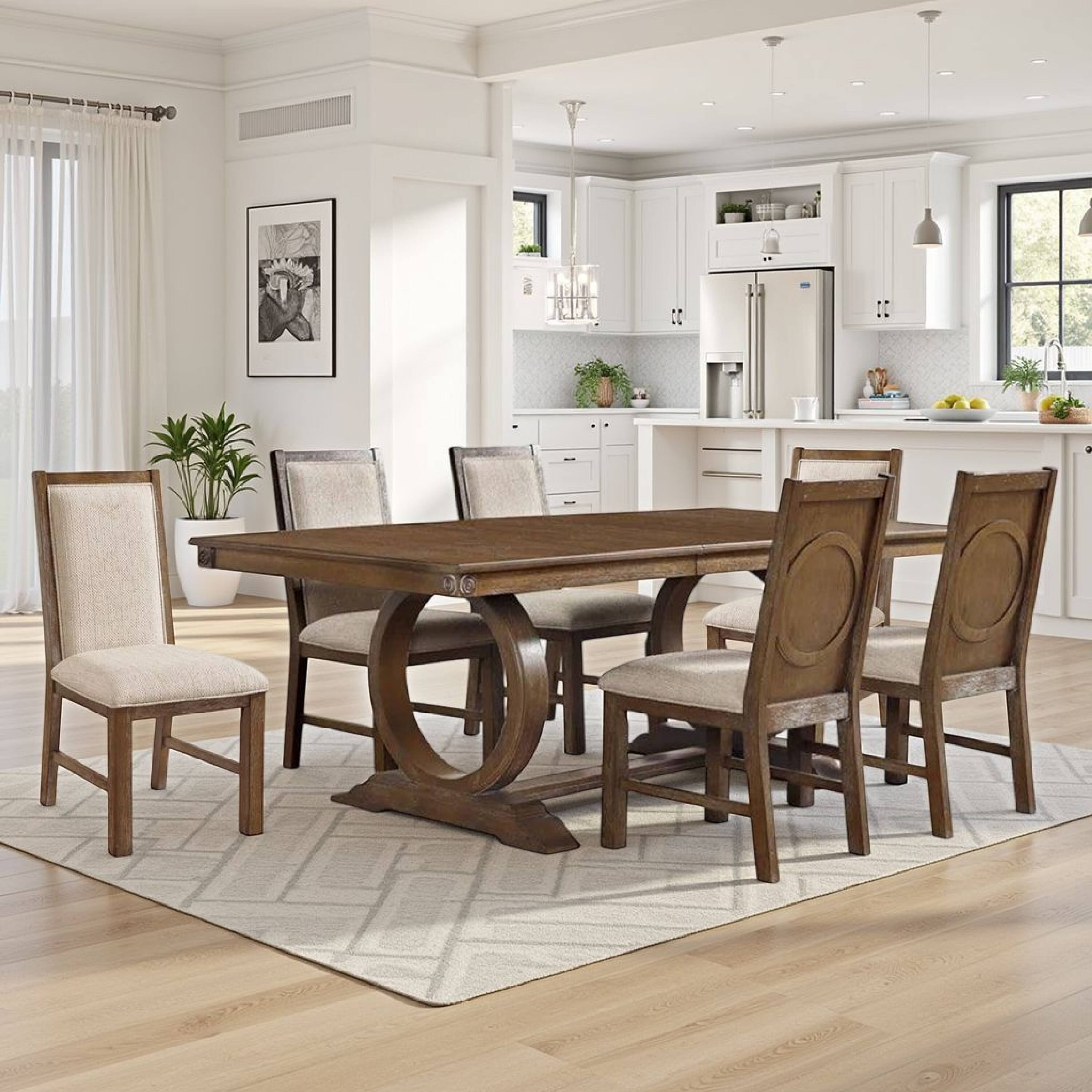 Alt View 5. Manhattan Lane - Lovi 7pc Dining Table and Chair Set, Beige Fabric, Rustic Oak Brown - Oak Brown, Beige.