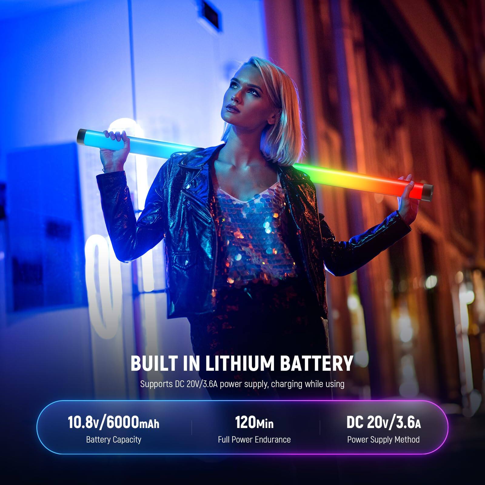 BUILT IN LITHIUM BATTERY  
Supports DC 20V/3.6A power supply, charging while using  
10.8v/6000mAh Battery Capacity  
120Min Full Power Endurance  
DC 20v/3.6A Power Supply Method