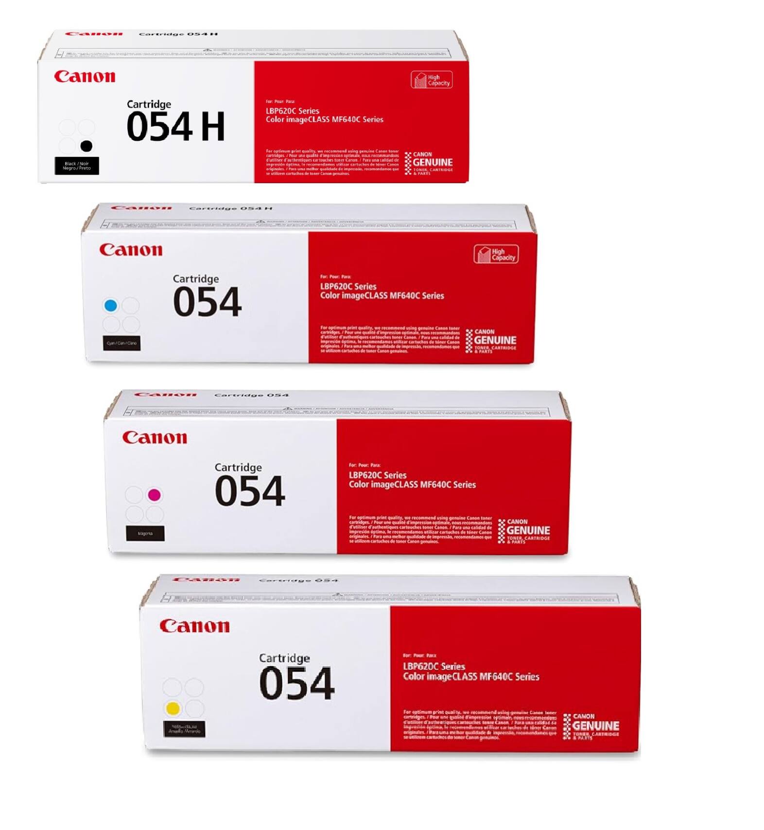 Canon Cartridge 054H  
Canon High Capacity Cartridge 054  
Canon Cartridge 054  
Canon Cartridge 054  

For use with:  
LBP620C Series  
Color imageCLASS MF640C Series  

Canon Genuine  
High Capacity