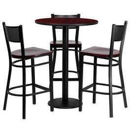 Emma + Oliver - 30" Round Laminate Table Set with 3 Grid Back Metal Barstools - Mahogany Top/Mahogany Wood Seat
