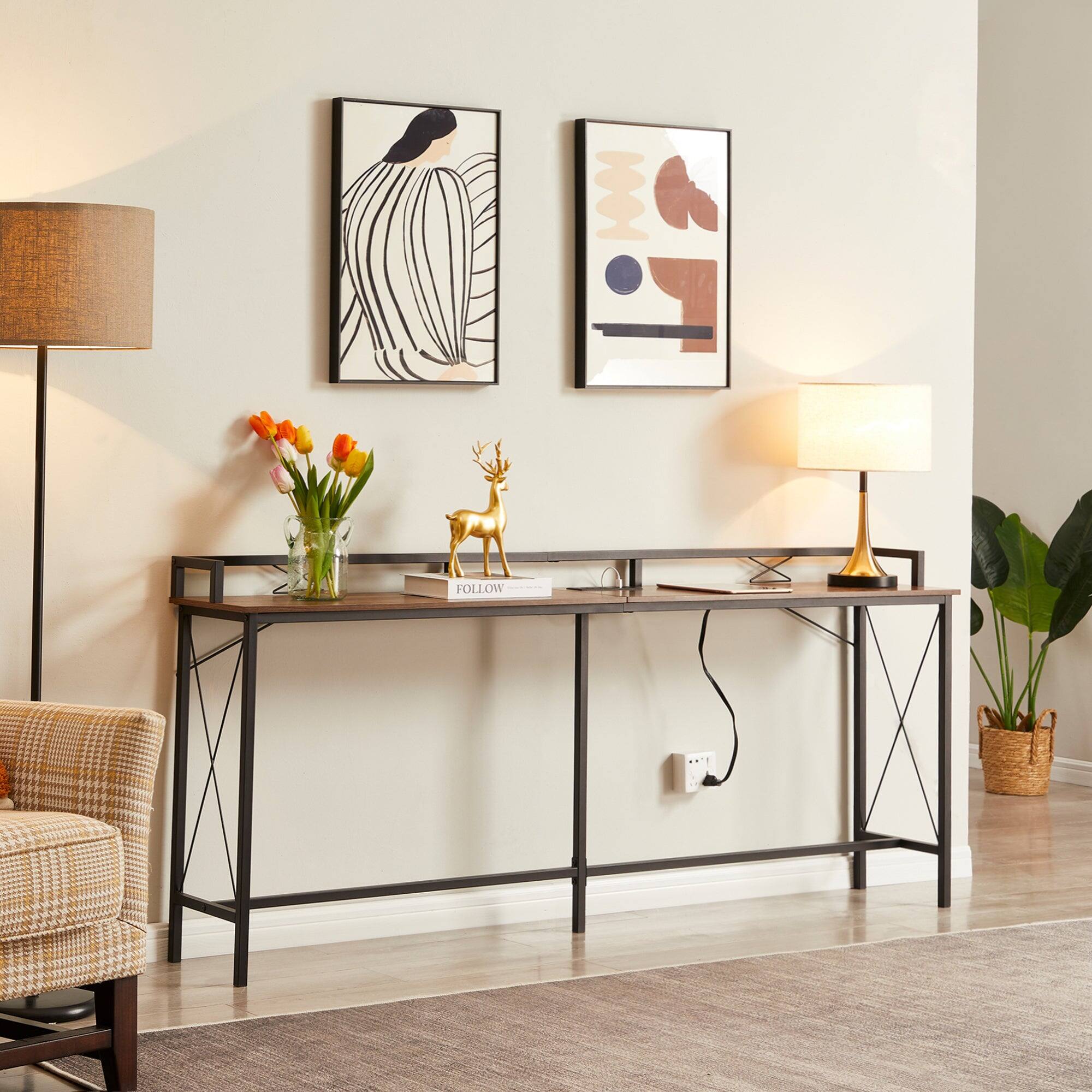 Alt View 4. Vecelo - Console Table 71”, Industrial Entryway Table With charging socket, Narrow Entrance Sofa Table with Shelves - Brown.