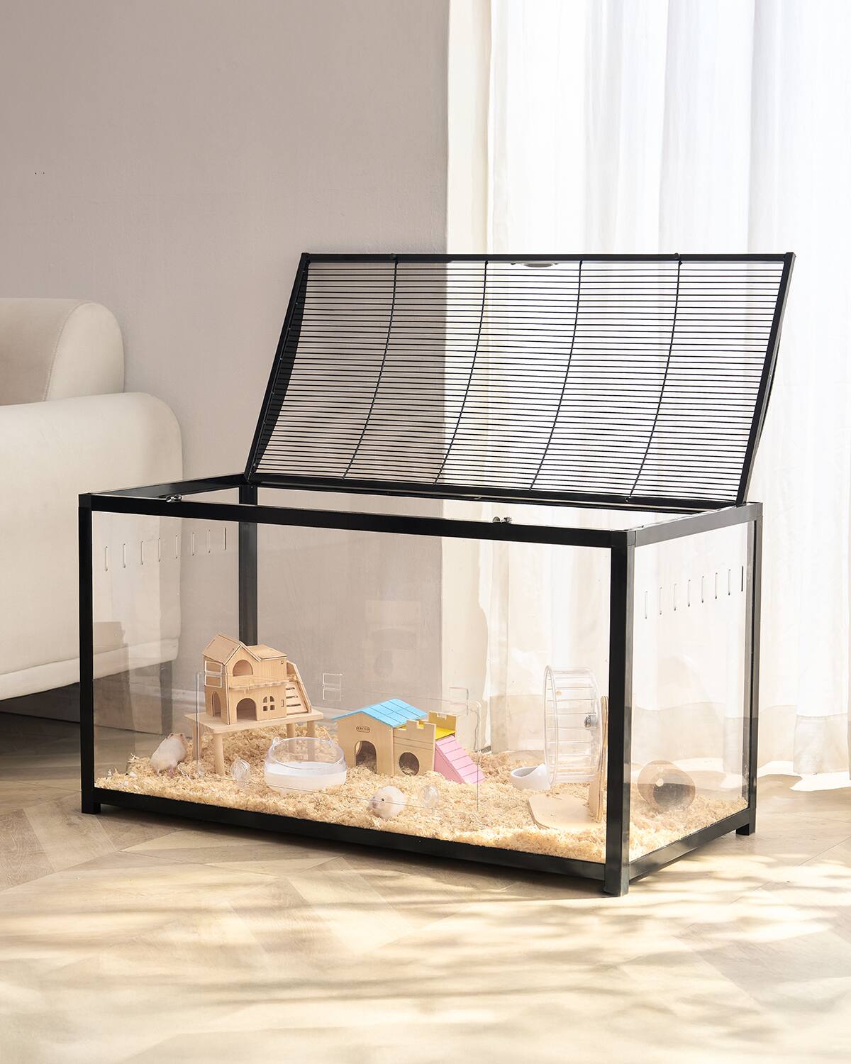 Front. VEVOR - Hamster Cage, 360° Viewing Transparent Hamster Habitats, Small Animal Cage, 37.8 x 18.5 x 21.7 in.