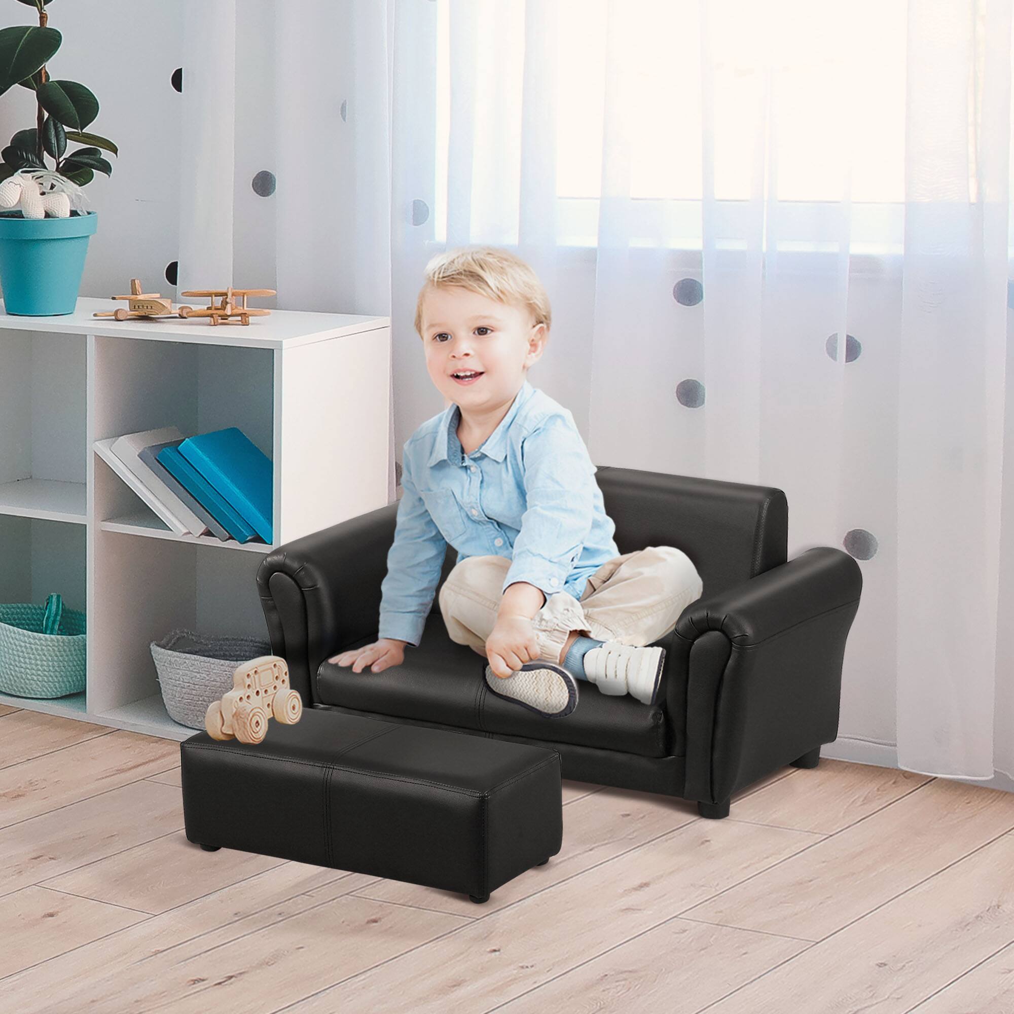 Angle. Qaba - Kids Sofa with Footstool for Children, Toddler Couch for Playroom, Nursery, Living Room, Bedroom Furniture - Black.