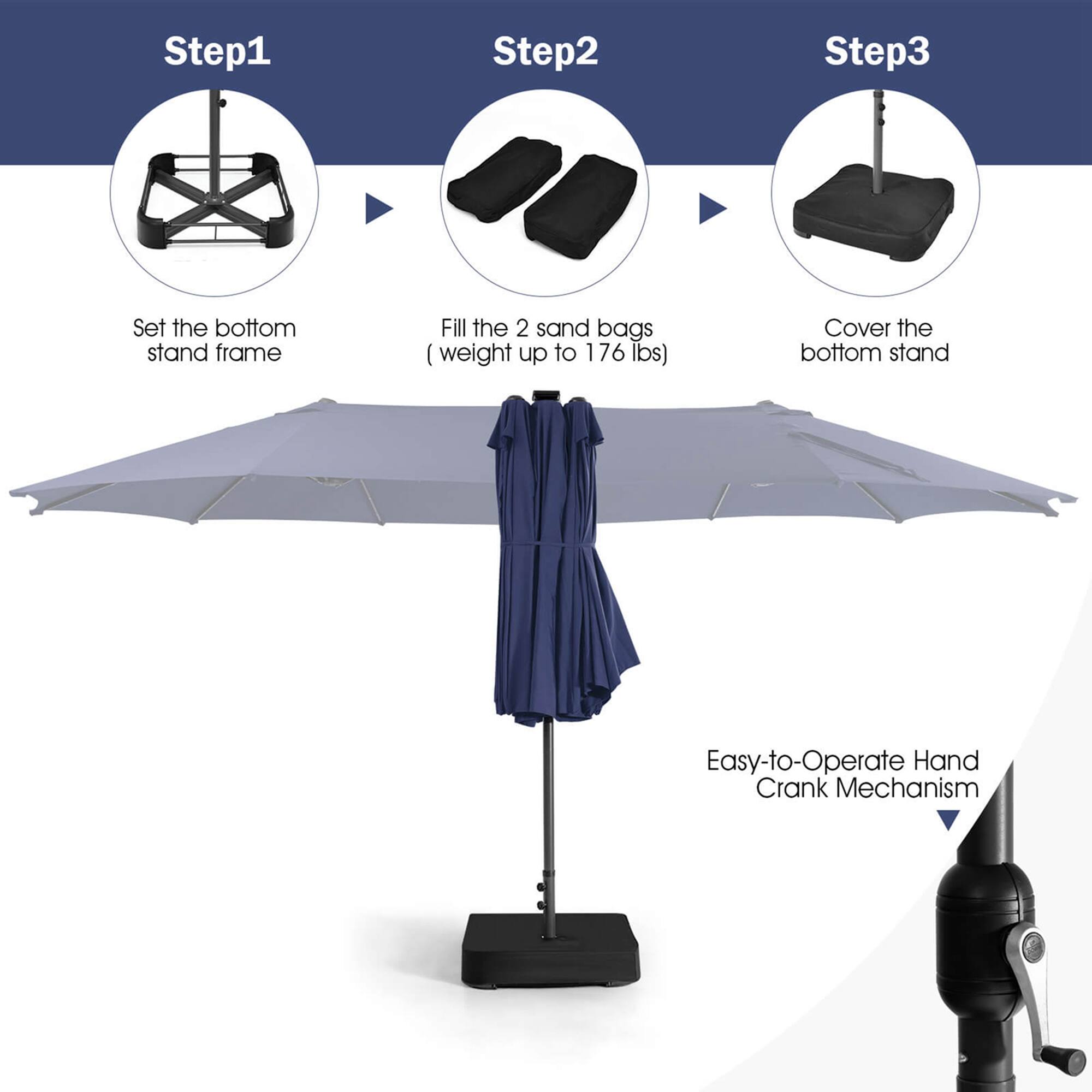 Step 1: Set the bottom stand frame.
Step 2: Fill the 2 sand bags (weight up to 176 lbs).
Step 3: Cover the bottom stand.
Easy-to-Operate Hand Crank Mechanism.