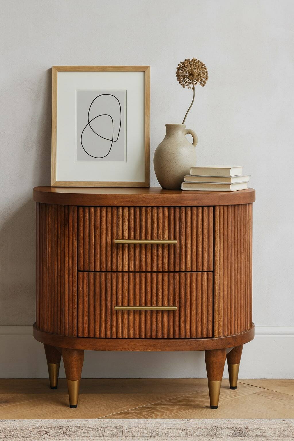 Angle. Artisan Furniture - Artisan Furniture Solid Wood Ribbed Bedside with Brass Accents, 2 Drawers, Brown - Brown.