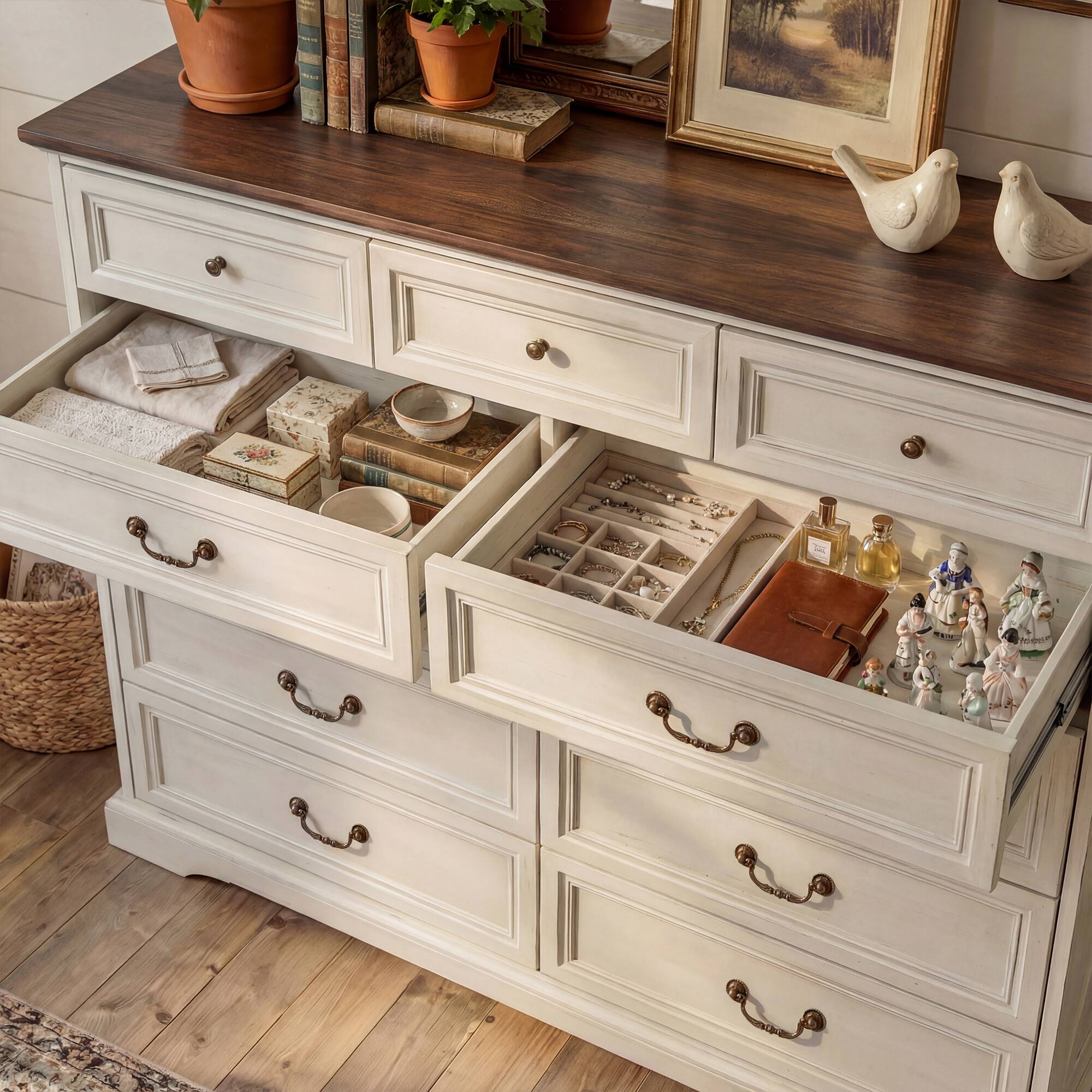 Alt View 1. FUFU & GAGA - Classic 9-Drawer Dresser Chest-Large Bedroom Storage Tower with 3 Small & 6 Large Drawers Clothes Organizer for Bedroom - Distressed white.