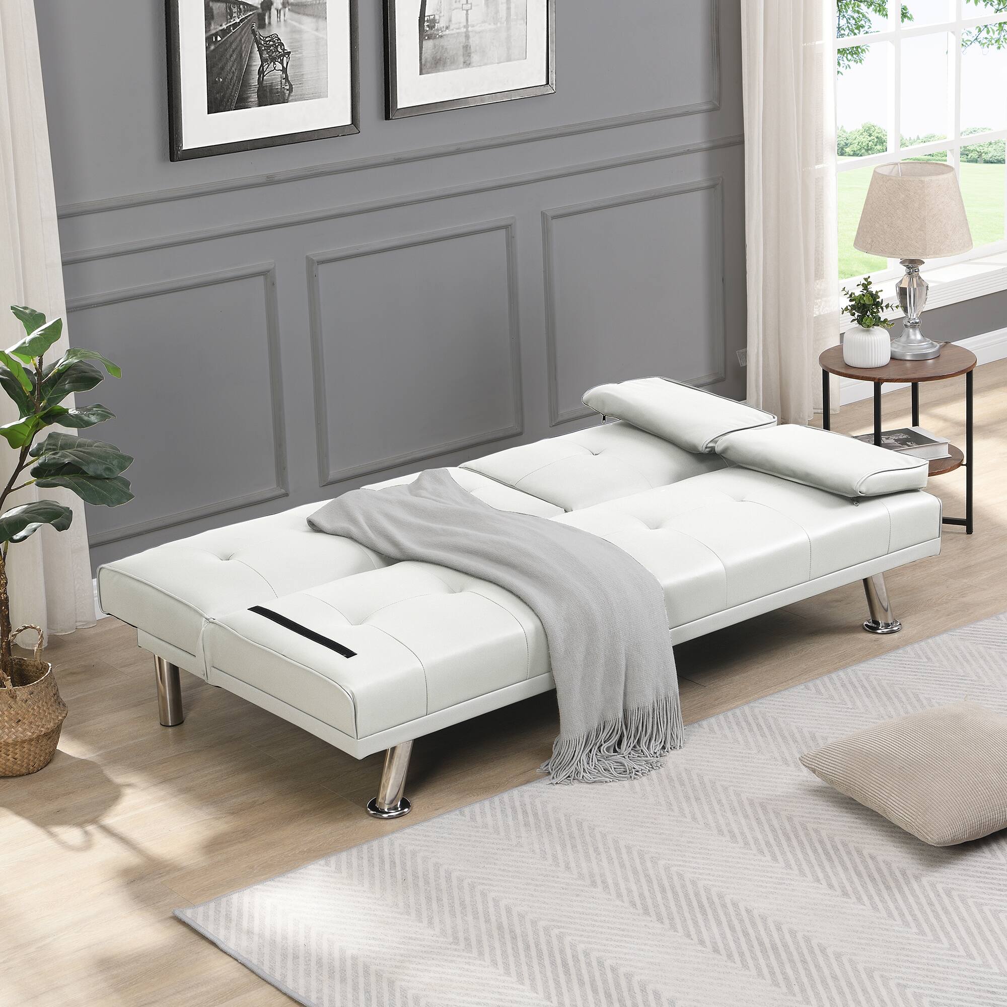 Left. Tiramisubest - Modern Sofa Bed with Armrest Two Holders, PVC Upholstery, Wood Frame, Stainless Steel Legs, White - White.