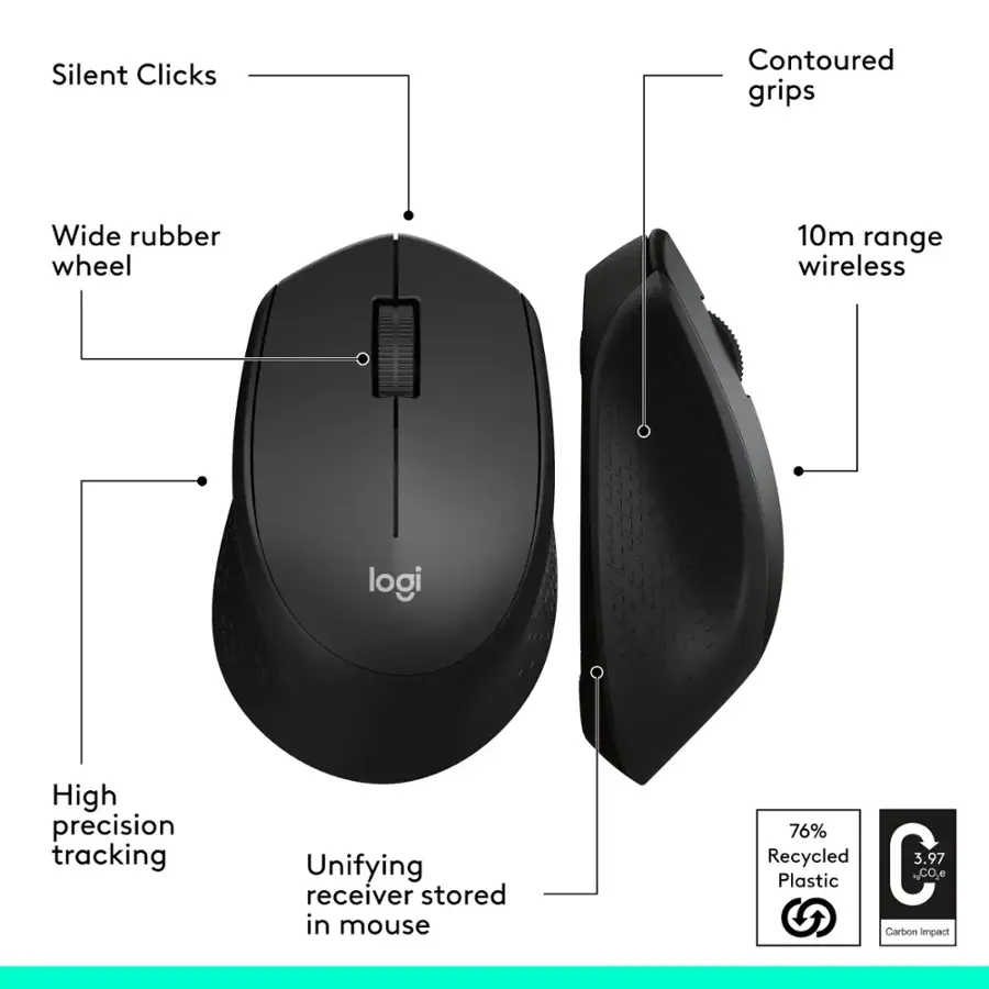 Silent Clicks Contoured grips Wide rubber wheel 10m range wireless logi High precision tracking Unifying receiver stored in mouse 76% Recycled C 3.97 Co. Plastic Carbon impact