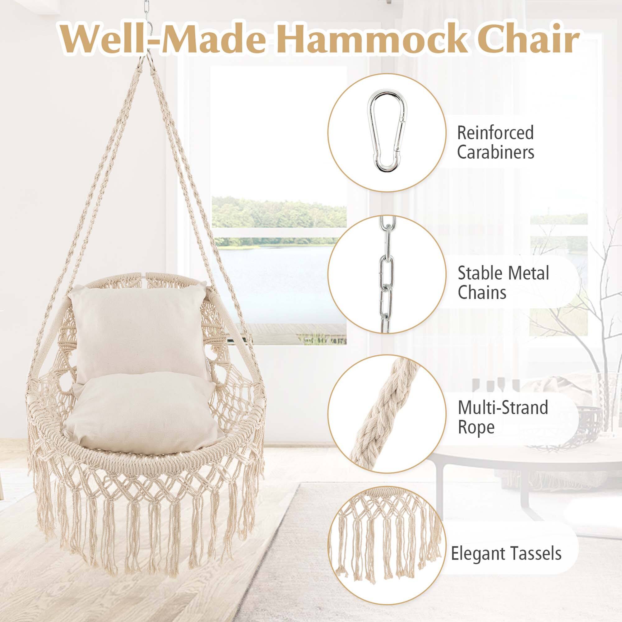 Well-Made Hammock Chair

- Reinforced Carabiners
- Stable Metal Chains
- Multi-Strand Rope
- Elegant Tassels