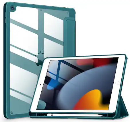 Front. DTTO - Case for iPad 9th/8th/7th Generation 10.2 inch, Clear Back, TPU Shockproof Frame Cover - Dark Green.