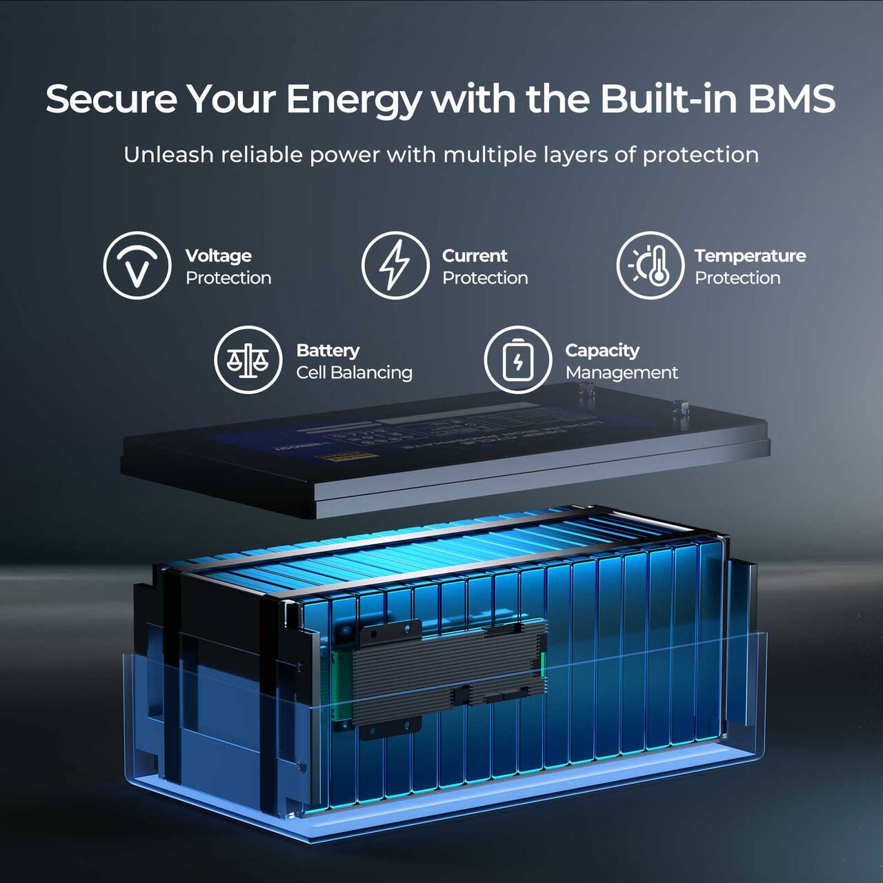 Secure Your Energy with the Built-in BMS: Unleash Reliable Power with Multiple Layers of Protection

Voltage Protection
Current Protection
Temperature Protection
Battery Cell Balancing
Capacity Management
