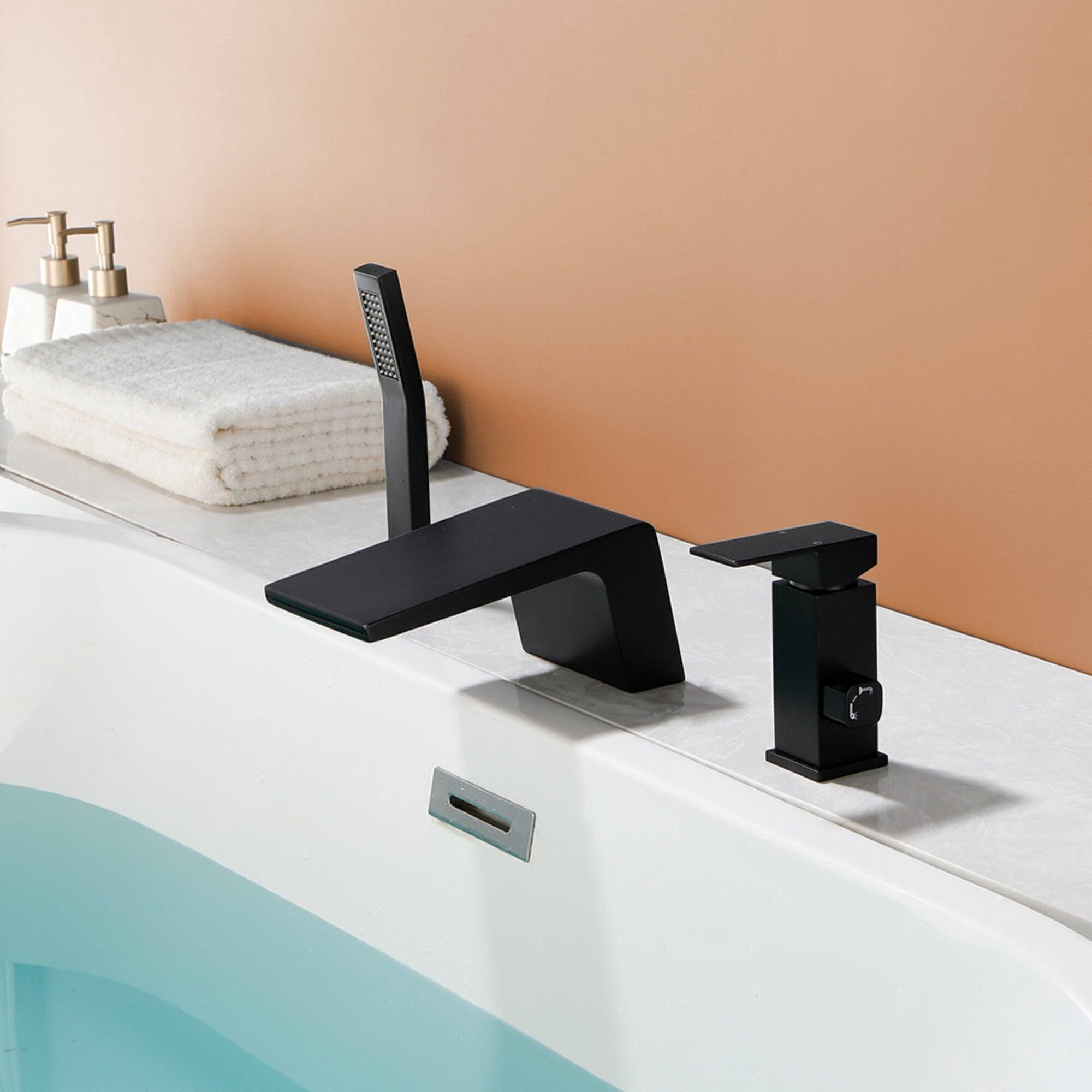 Alt View 7. Boyel Living - Black Bathtub Waterfall Faucet with Hand Shower and Separate Hot/Cold Handles - Matte Black.