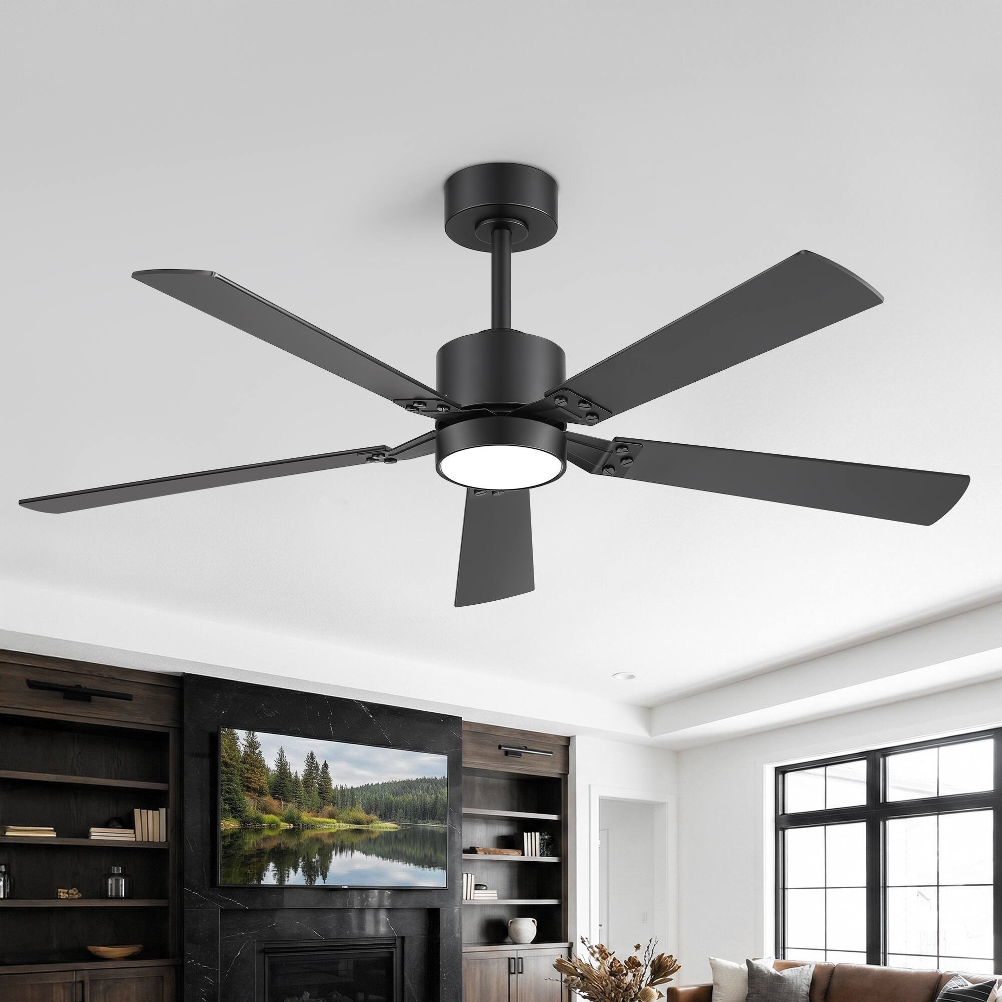 Angle. Breezary - 52-Inch Ceiling Fan with Acrylic Light Shade, RGB LED Light, 6-Speed Remote Control, Timer, Downrod Mount - Black and Walnut.