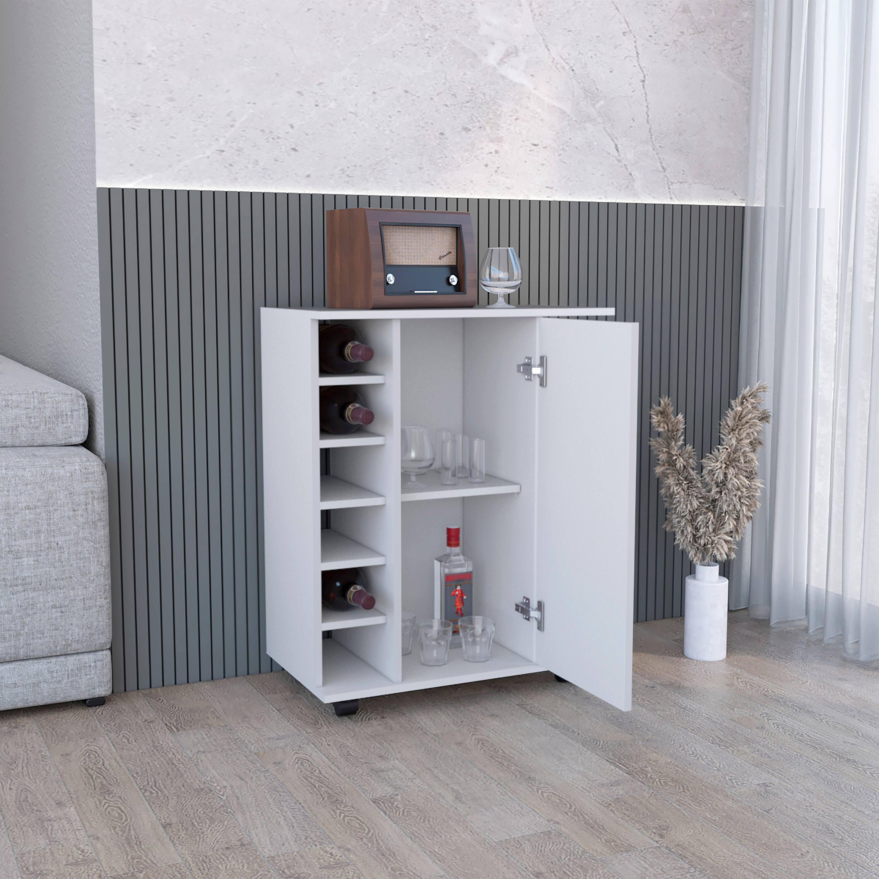 Back. TuHome - Lothian Bar Cart with Casters, 2-Side Storage Shelves, 6-Wine Bottle Rack, Living Room or Bar Room - White.