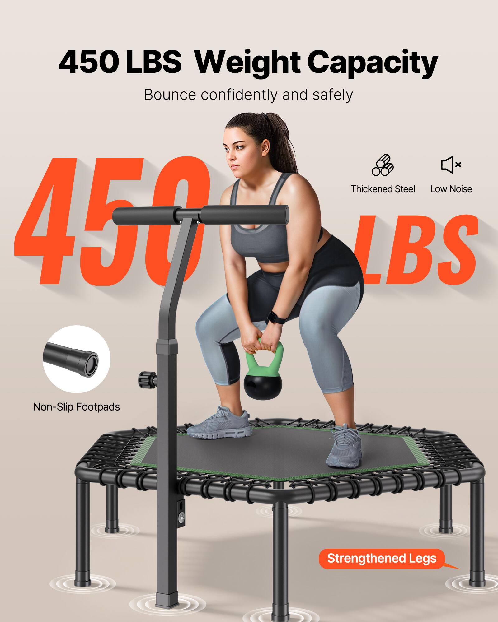 450 LBS Weight Capacity  
Bounce confidently and safely  

- Thickened Steel  
- Low Noise  
- Non-Slip Footpads  
- Strengthened Legs
