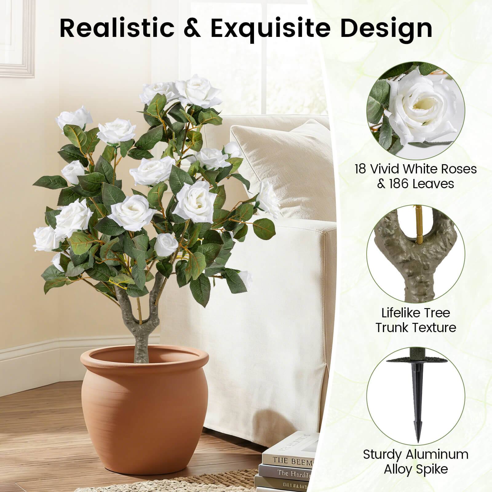 Realistic & Exquisite Design

18 Vivid White Roses & 186 Leaves

Lifelike Tree Trunk Texture

Sturdy Aluminum Alloy Spike
