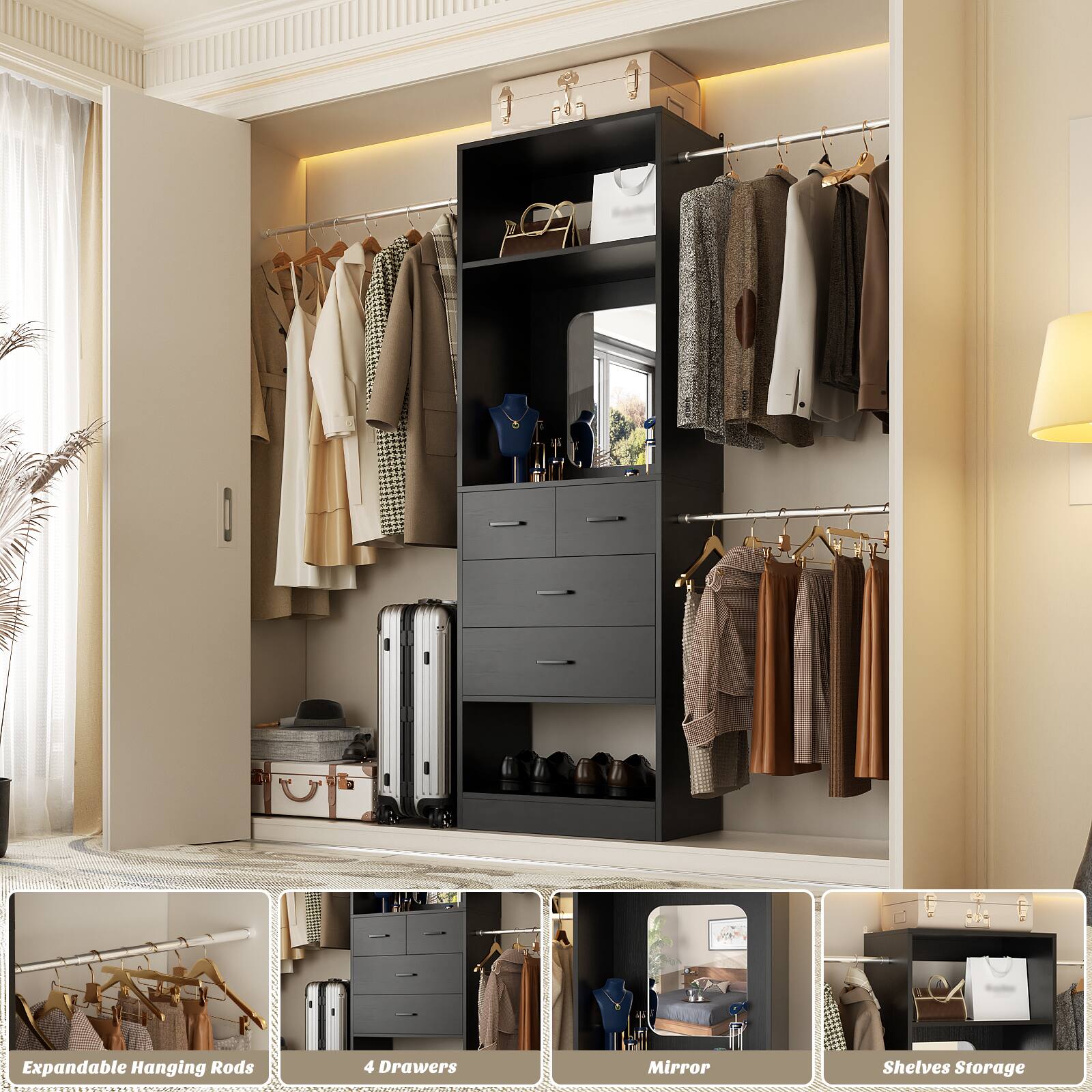 JA Expandable Hanging Rods 4 Drawers Mirror Shelves Storage

- Expandable Hanging Rods
- 4 Drawers
- Mirror
- Shelves Storage