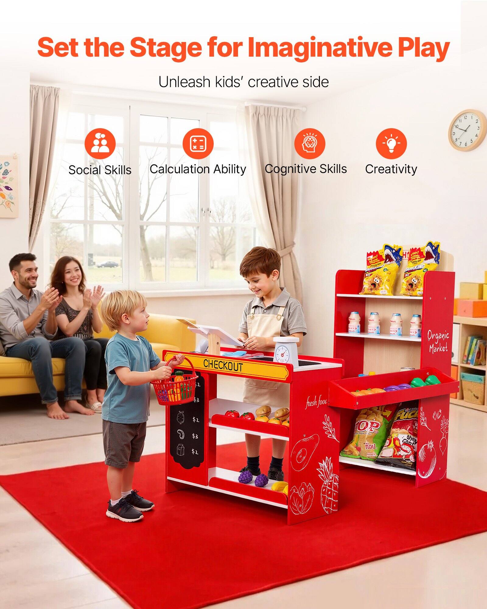 Set the Stage for Imaginative Play  
Unleash kids' creative side  

- Social Skills  
- Calculation Ability  
- Cognitive Skills  
- Creativity  

Organic Market  
CHECKOUT  

$2 $3 $2