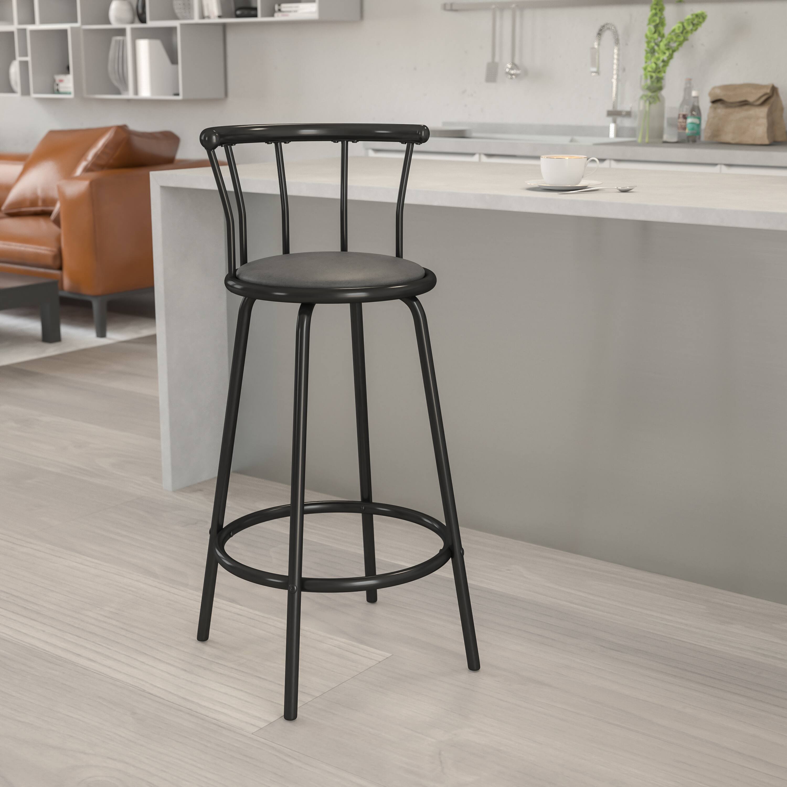 Alt View 3. Emma + Oliver - Crown Back Metal Barstool with Vinyl Swivel Seat - Black.