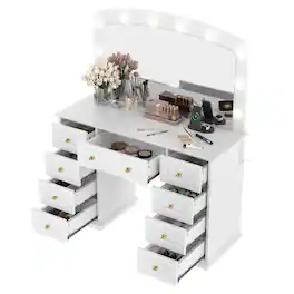 Ecooso - Makeup Vanity with Sliding Mirror, LED Lights, Drawers, RGB Cabinets, Charging Station - White