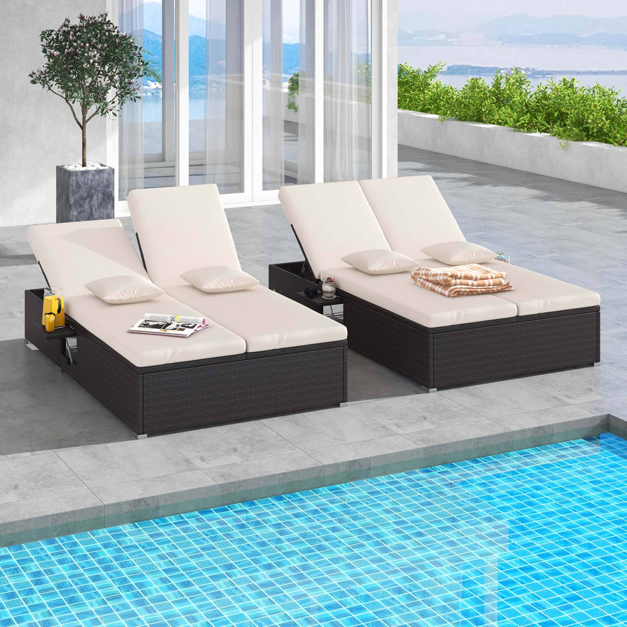 Alt View 3. Costway - Outdoor Patio Daybed PE Wicker Double Chaise Lounge with Adjustable Backrests - Mix Brown + Beige.