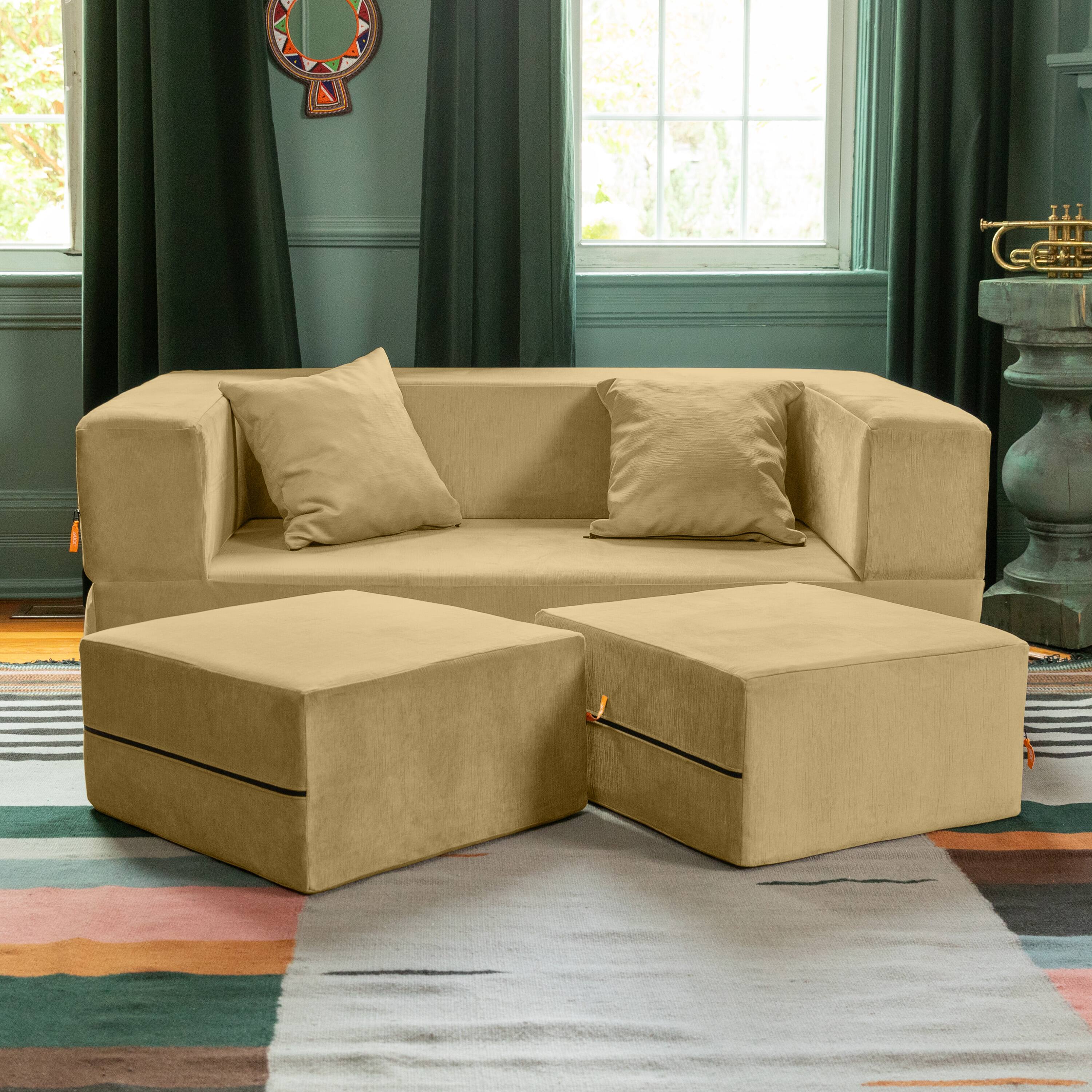 Alt View 1. Jaxx - Jaxx Zipline Convertible Sleeper Loveseat & Ottomans, Textured Microvelvet - Camel - Camel.
