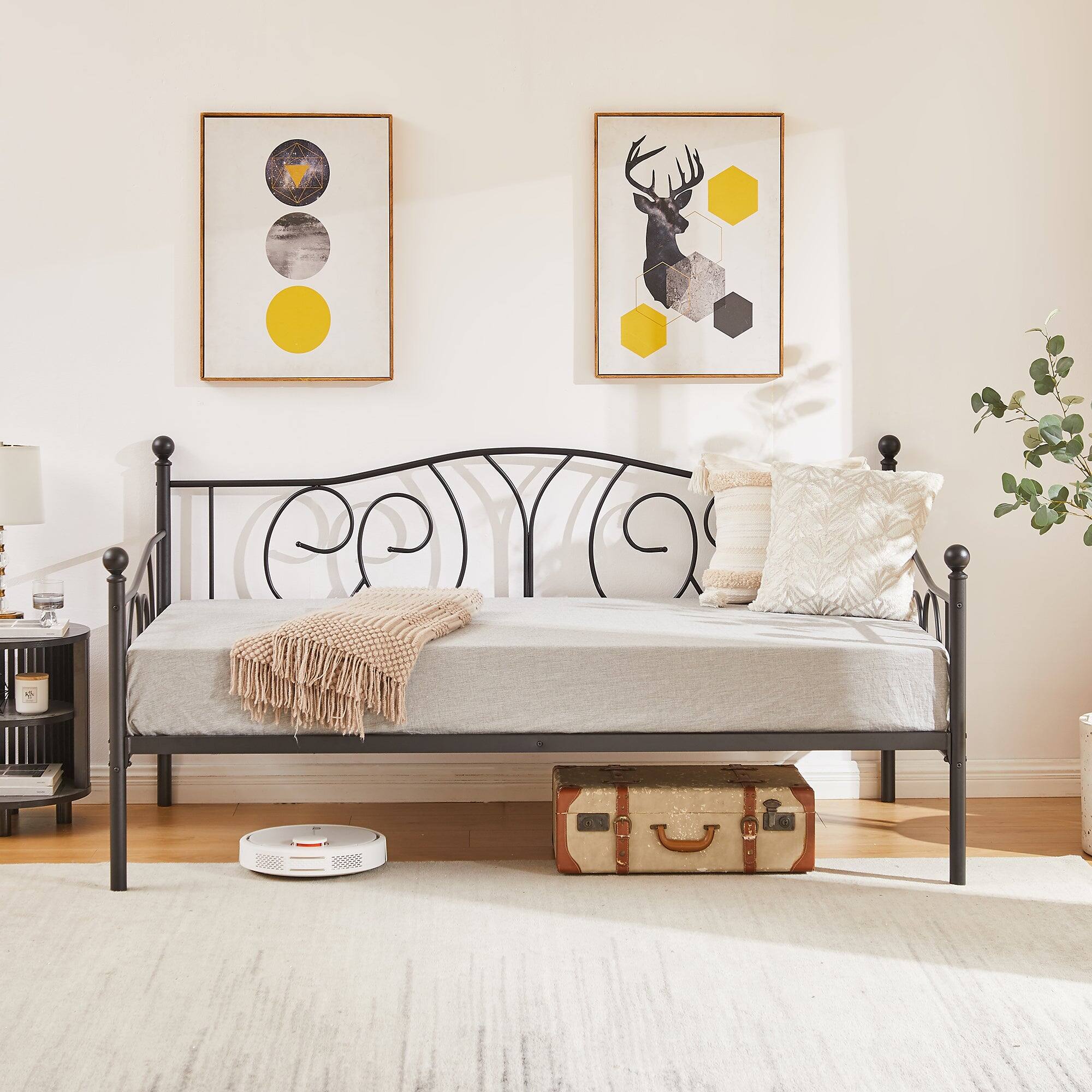 Alt View 2. Vecelo - Twin Metal Daybed Frame with Storage Space – Sturdy Modern Sofa Bed Frame for Guest Room or Living Room - black.