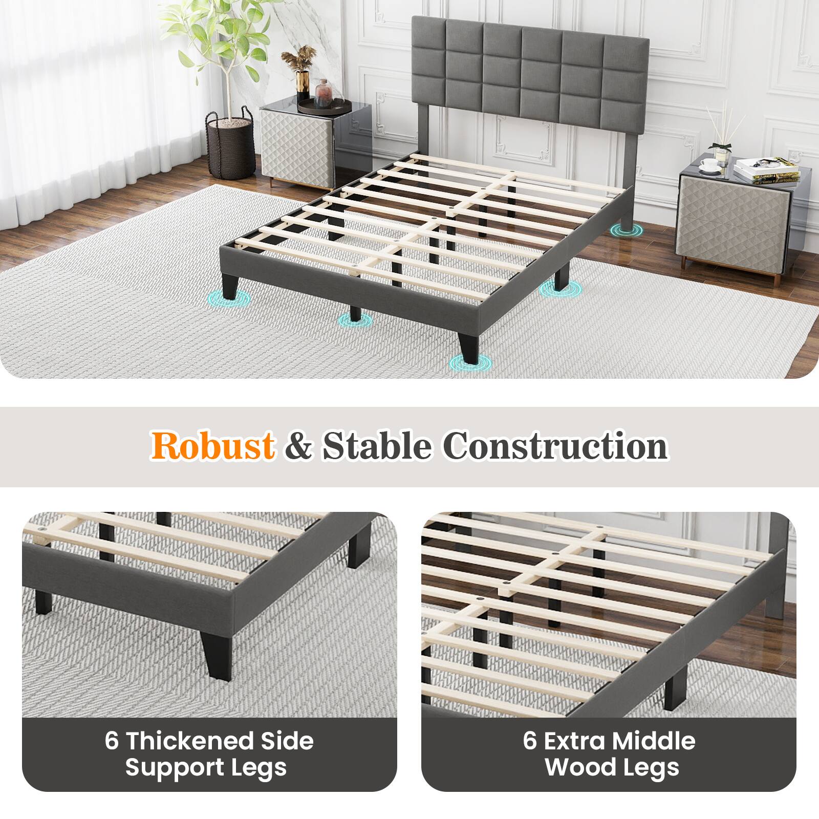Robust & Stable Construction
6 Thickened Side Support Legs
6 Extra Middle Wood Legs
