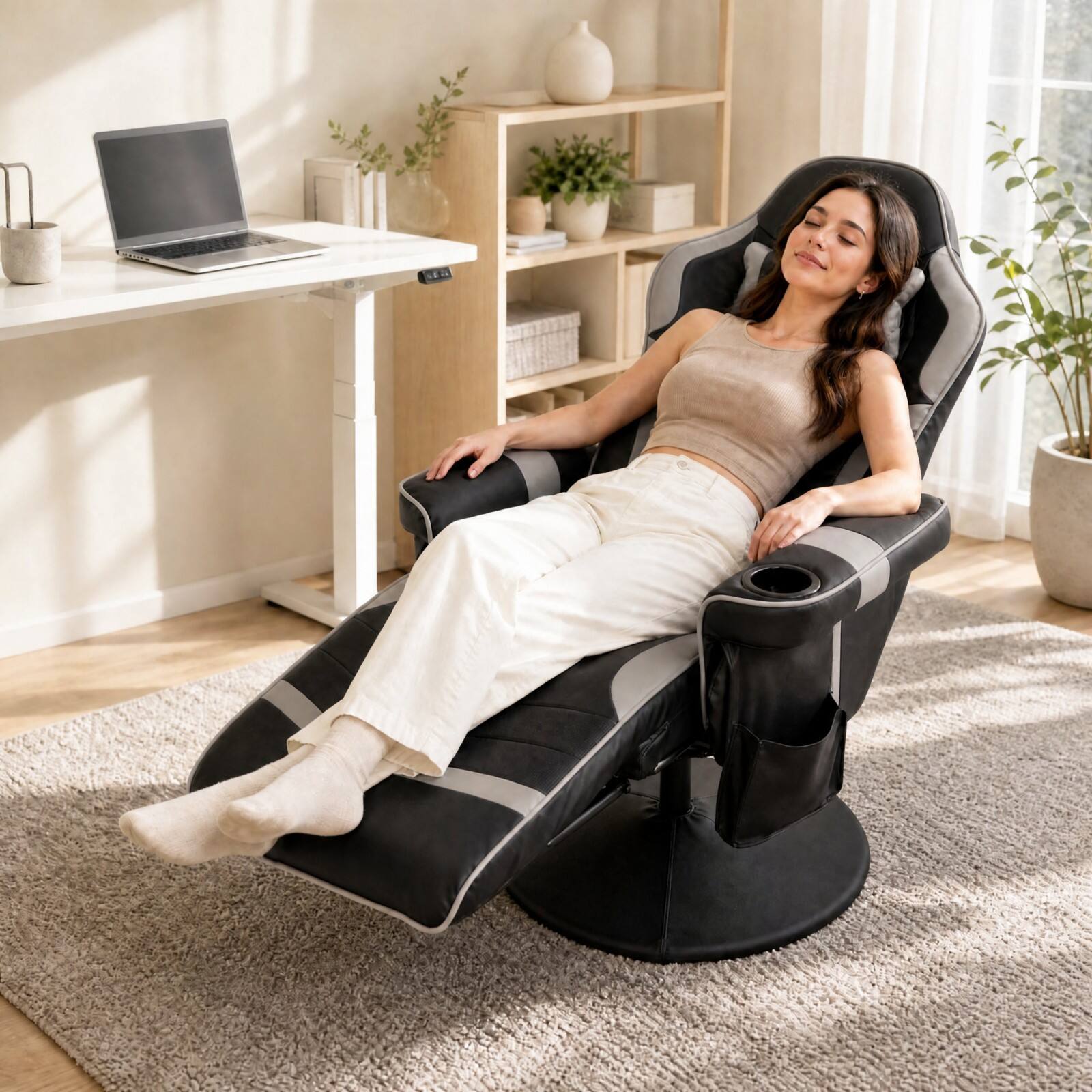 Alt View 3. GOPLUS - Goplus Massage Gaming Recliner Height Adjustable Racing Swivel Chair with Cup Holder - Grey.