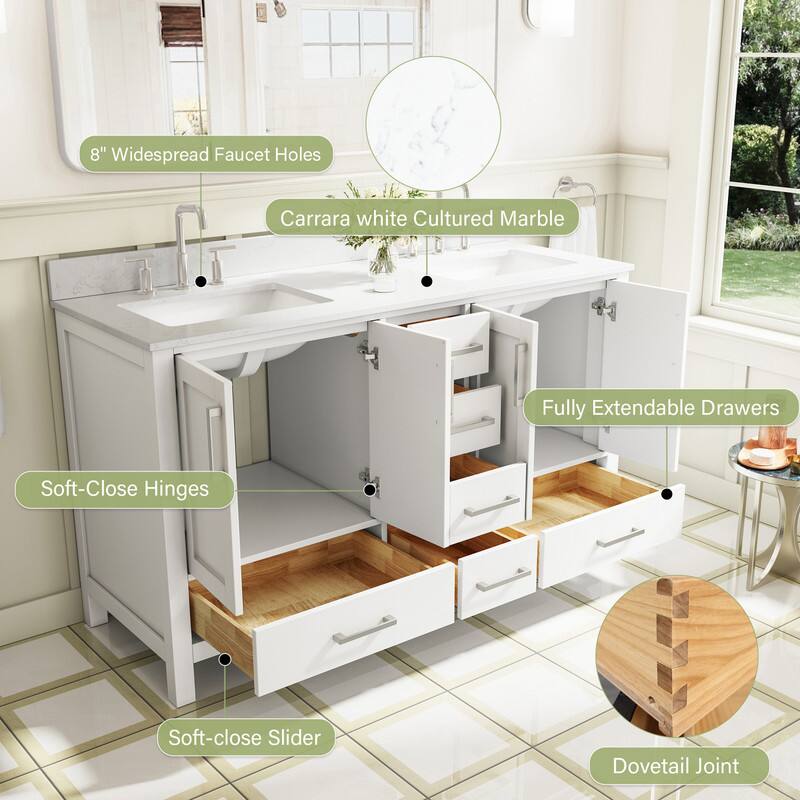 8" Widespread Faucet Holes  
Carrara white Cultured Marble  
Fully Extendable Drawers  
Soft-Close Hinges  
Soft-close Slider  
Dovetail Joint