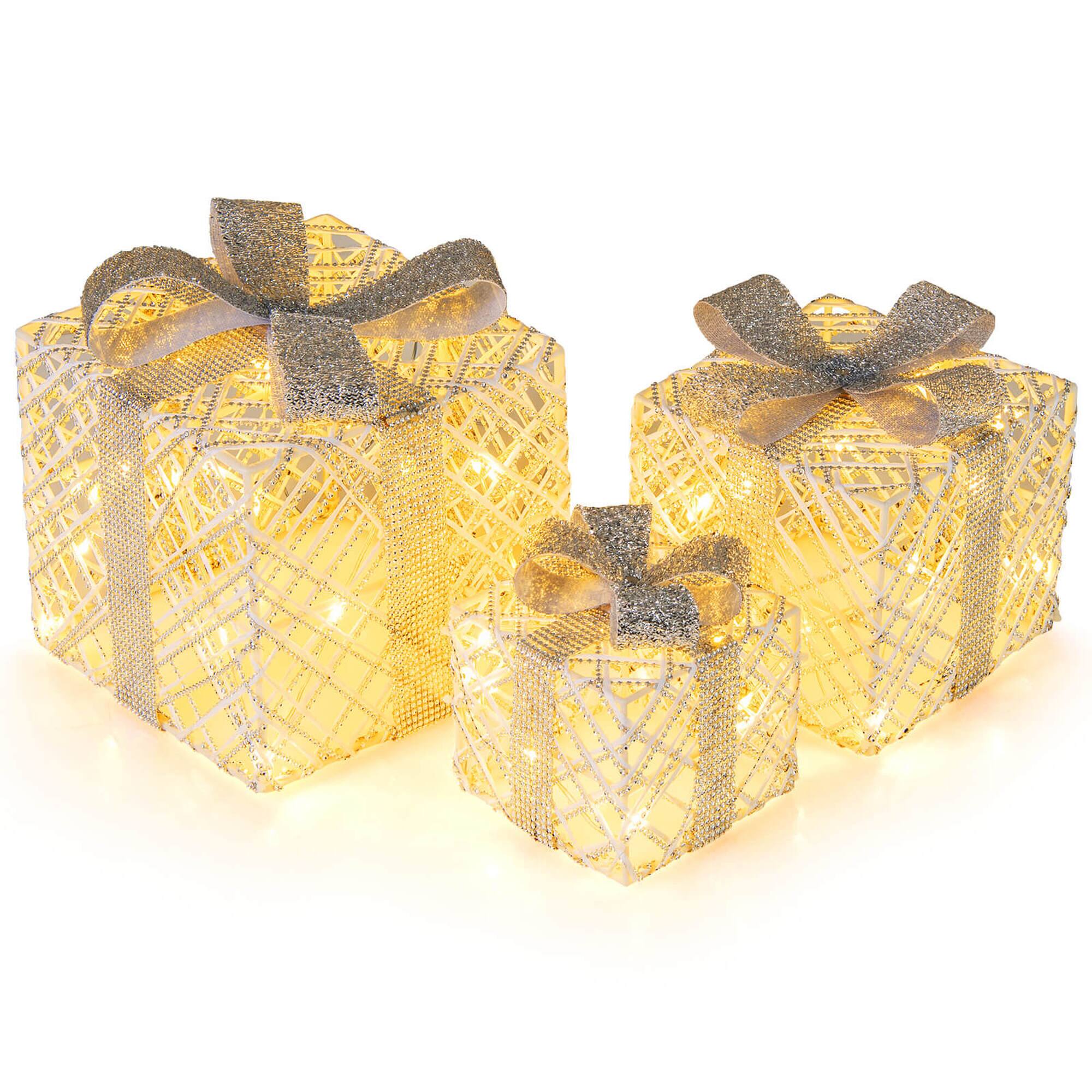 Front. Costway - Costway 3 Pack Christmas Lighted Gift Box with 50 LED Lights Detachable Bows for Yard - White.