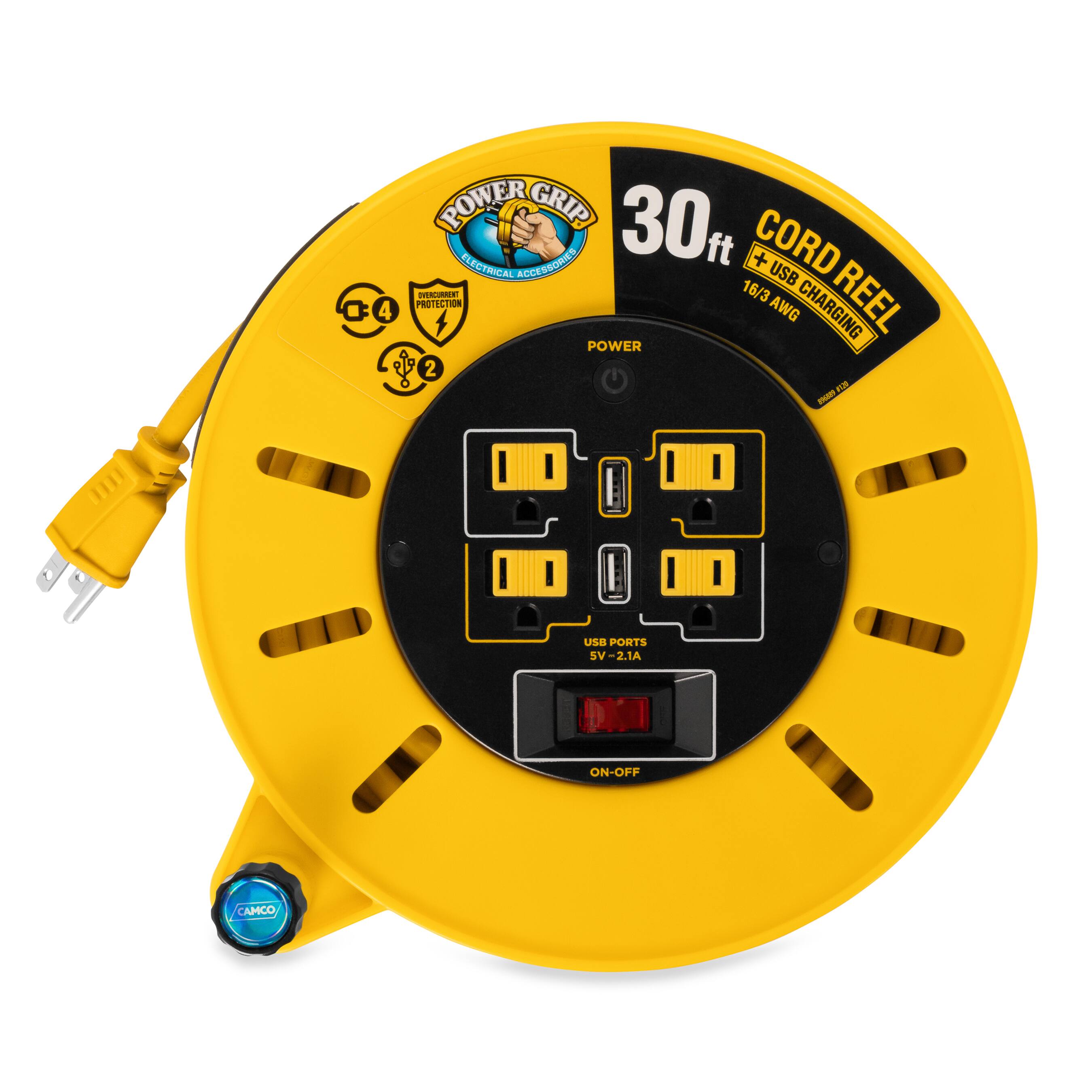 O 4 POWER GRIP 30 ELECTRICAL ACCESSORY CORD + USB - 16/3 REEL PROTECTION AWG CHARGING POWER 2 - USB PORTS 5V-2.1A ON-OFF CAMCO