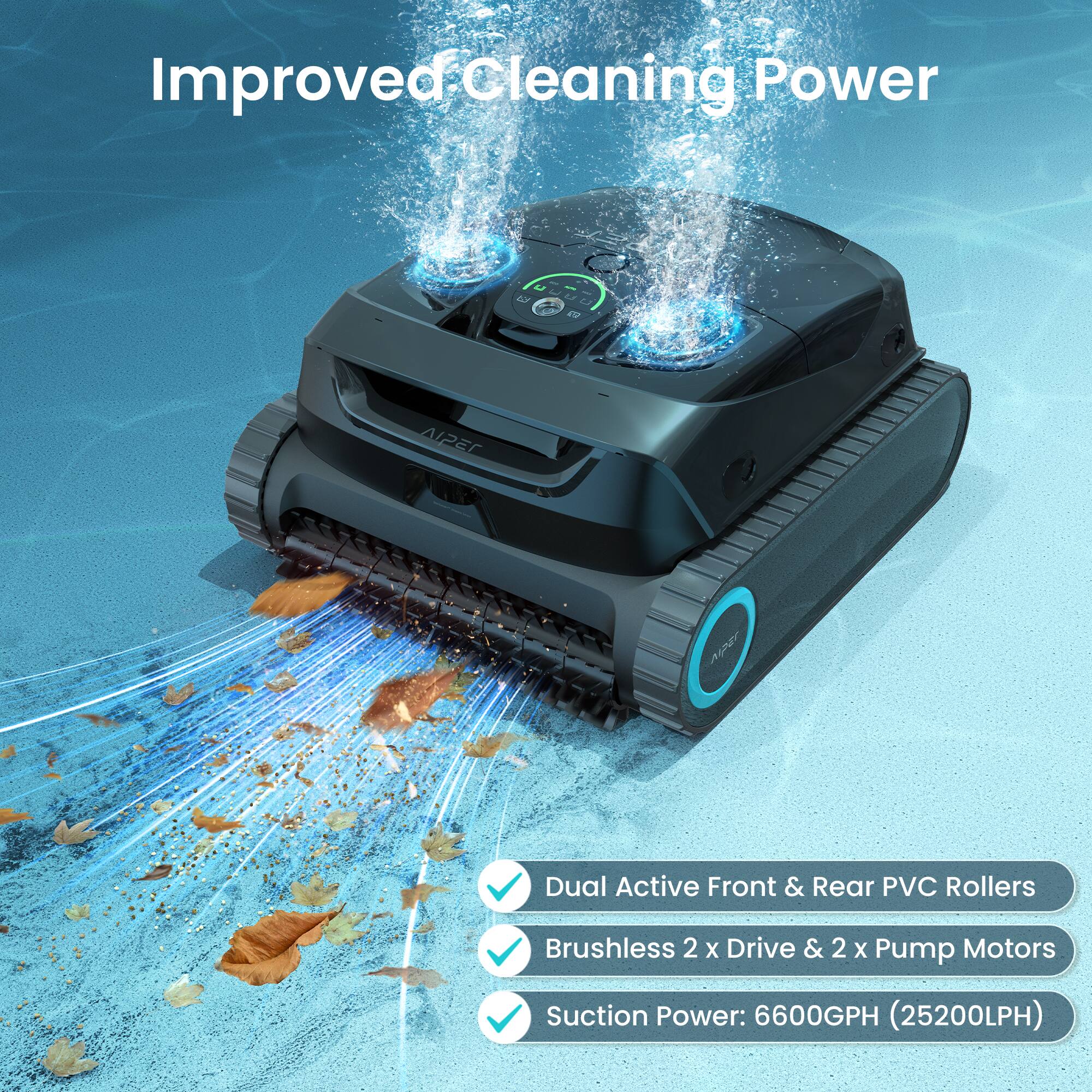 Improved Cleaning Power

- Dual Active Front & Rear PVC Rollers
- Brushless 2 x Drive & 2 x Pump Motors
- Suction Power: 6600GPH (25200LPH)