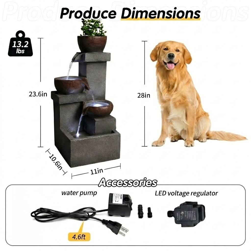 Prod Produce Dimensions  
13.2 lbs  
23.6in  
28in  
10.6in  
11in  

Accessories  
water pump  
LED voltage regulator  
4.6ft