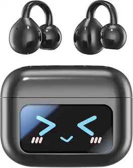 SKRAN - Open Ear Clip Headphones Wireless Earbuds - Bluetooth 5.4 Earphones with Wireless LED Touch Screen for Runners, Fitness - Black