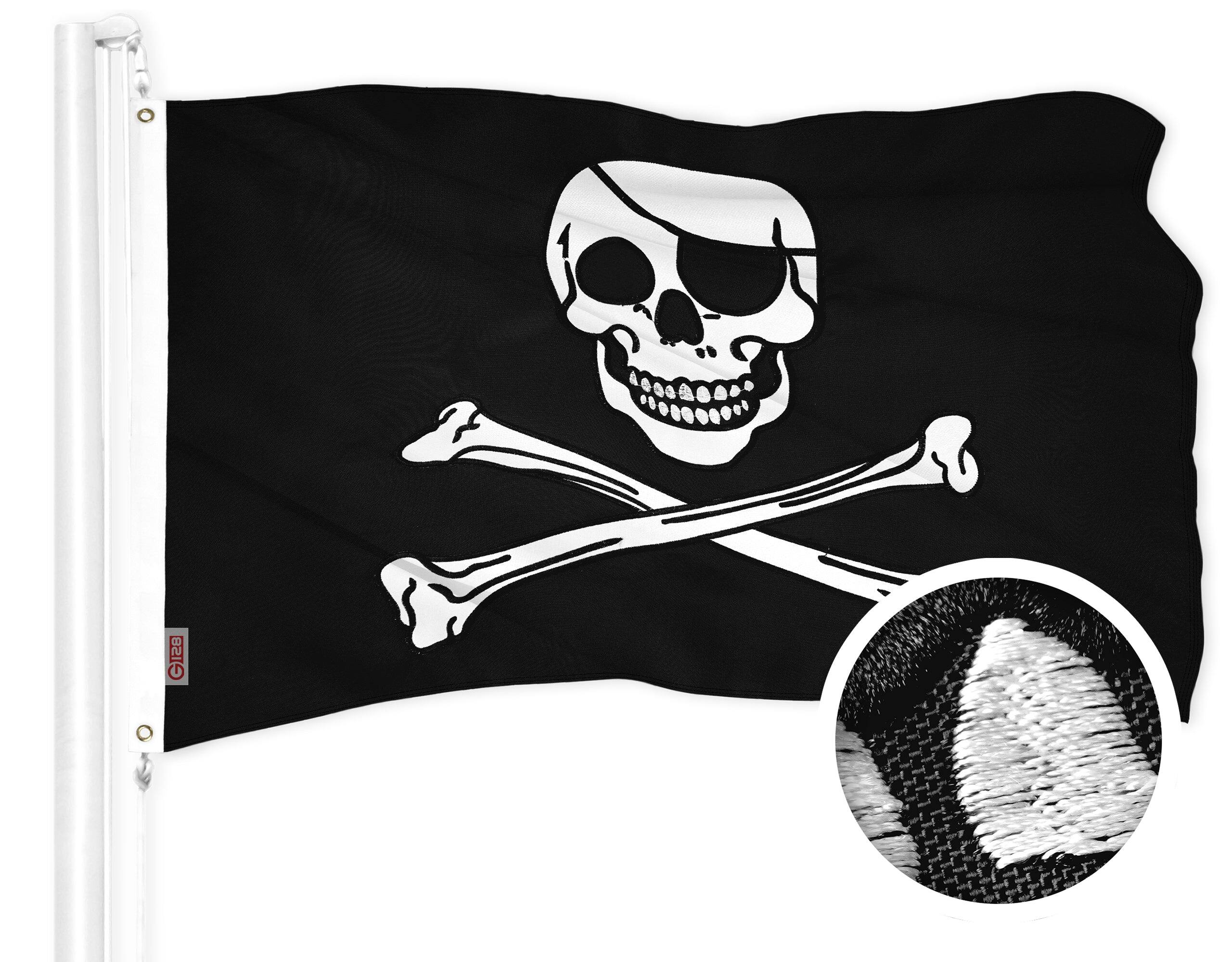 Front. G128 - Pirate Jolly Roger Bones Flag — 1 x 1.5 ft, Embroidered Polyester, Brass Grommets. - Assorted Colors.