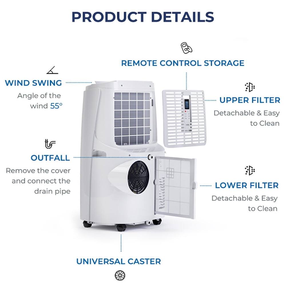 PRODUCT DETAILS

- REMOTE CONTROL STORAGE
- WIND SWING
  - Angle of the wind 55°
- UPPER FILTER
  - Detachable & Easy to Clean
- OUTFALL
  - Remove the cover and connect the drain pipe
- LOWER FILTER
  - Detachable & Easy to Clean
- UNIVERSAL CASTER