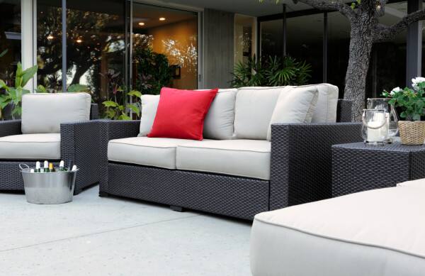 Angle. Serta - Serta Laguna Outdoor Sofa, Brown Wicker with Beige Cushions - Beige.