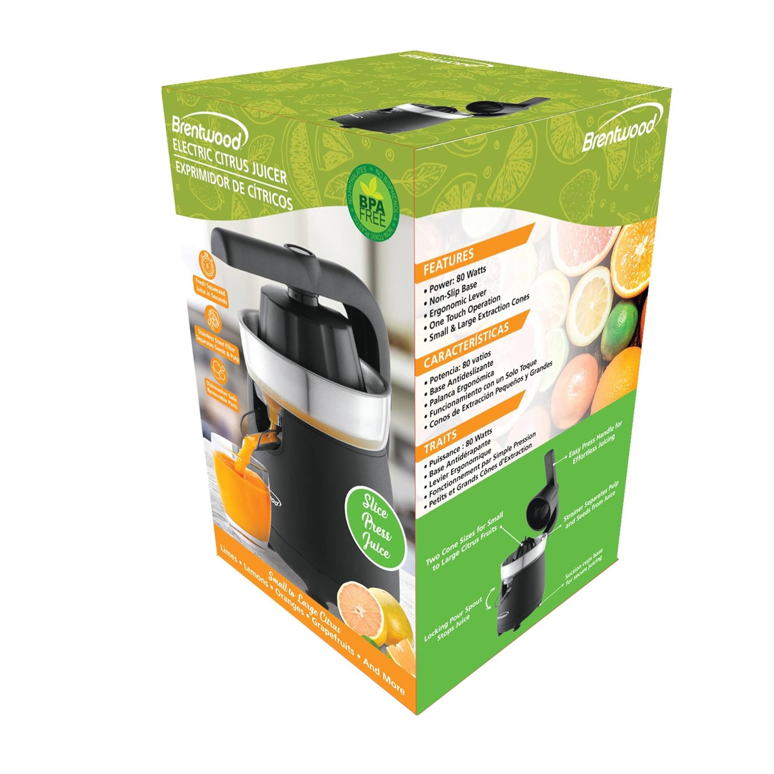 Brentwood ELECTRIC CITRUS JUICER EXPRIMIDOR DE CITRICOS

FEATURES
- Power: 80 Watts
- Non-Slip Base
- Ergonomic Touch Operation
- Extraction One & Large Small Fea

CARACTERÍSTICAS
- Potencia: 80 vatios
- Base ergonómica
- Funcionamiento de toque
- Extracción de Conos

TRAITS
- Puissance: 80 watts
- Base Anti-dérapante
- Fonctionnement Levier
- Petits et Grands

Two Cone Sizes for Small to Large Citrus
Locking Press Stops Juice