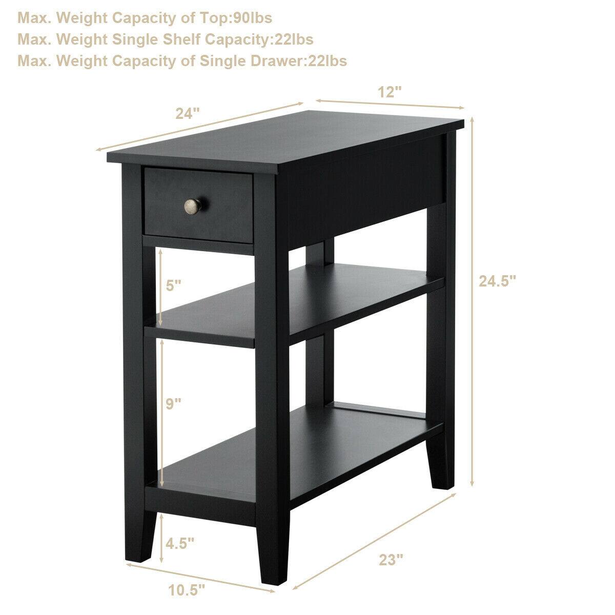 Max. Weight Capacity of Top: 90lbs  
Max. Weight Single Shelf Capacity: 22lbs  
Max. Weight Capacity of Single Drawer: 22lbs  

Dimensions:  
- Width: 24"  
- Depth: 12"  
- Height: 24.5"  
- Drawer Height: 5"  
- Shelf Height: 9"  
- Overall Height: 10.5"  
- Width of Shelf: 23"  
- Depth of Shelf: 4.5"