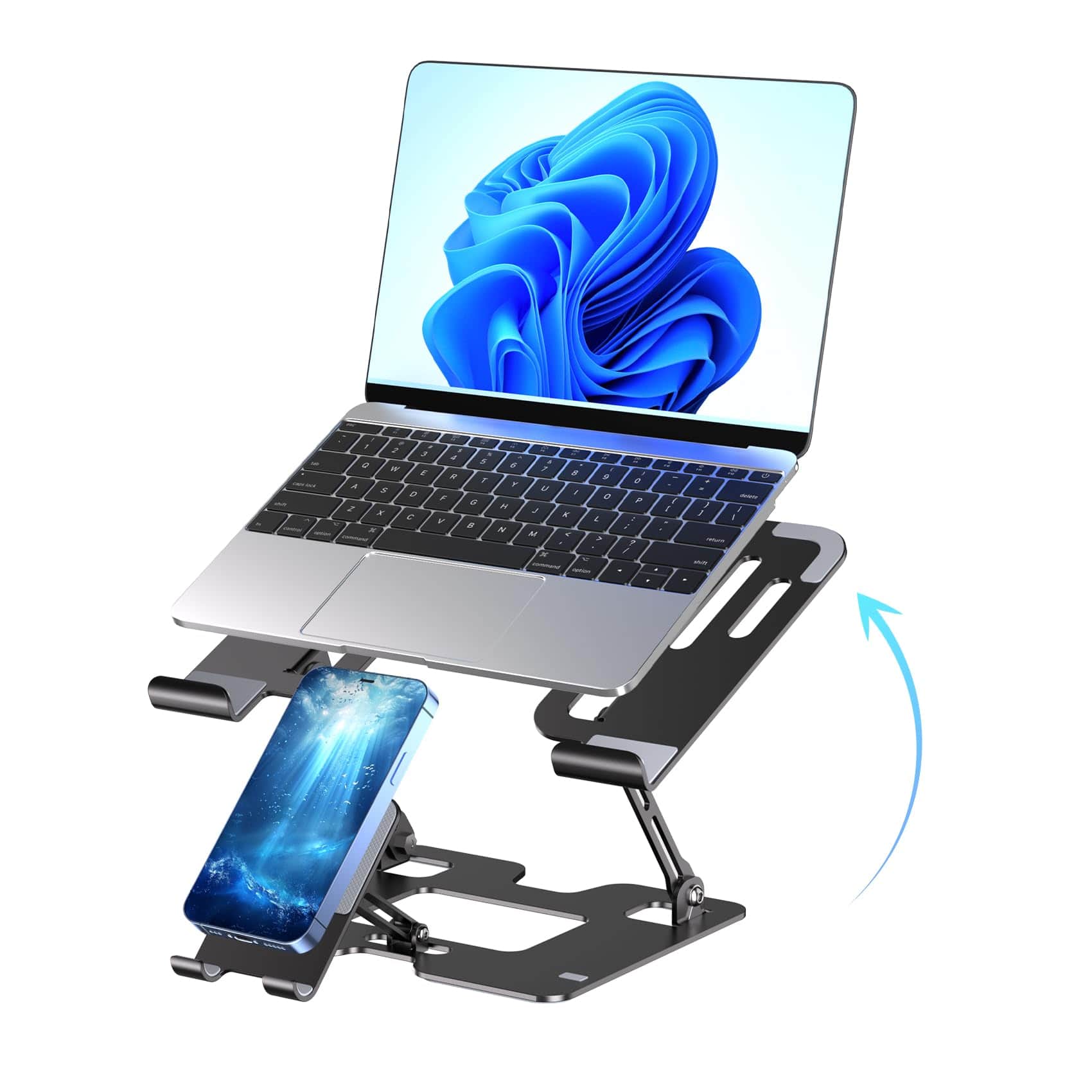 HongFei - Ergonomic 2-in-1 Laptop Phone Stand for Desk, Adjustable Riser, Sturdy and Portable, Fits All Laptops and Phone - Black