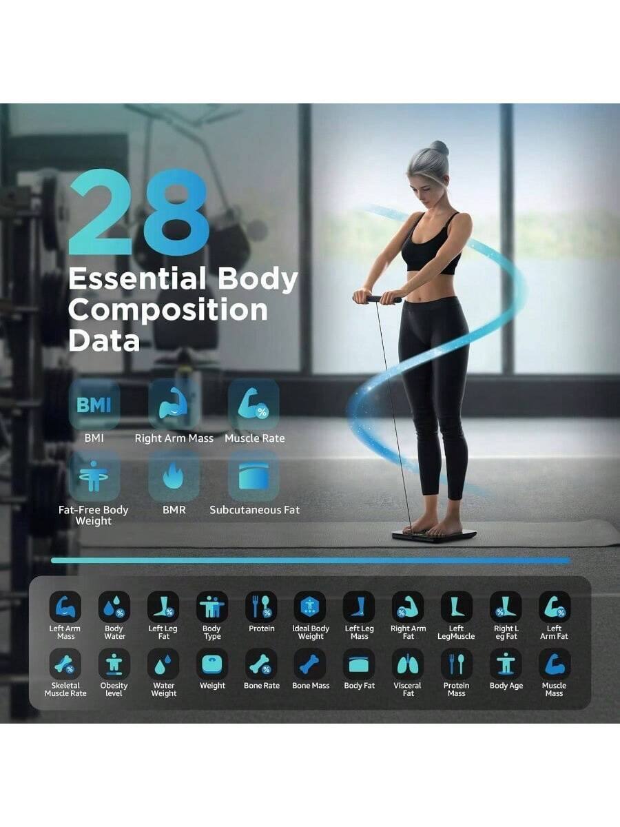 28 Essential Body Composition Data

- BMI
- Right Arm Mass
- Muscle Rate
- Fat-Free Body Weight
- BMR
- Subcutaneous Fat
- Left Arm Mass
- Body Water
- Left Leg Fat
- Body Type
- Protein
- Ideal Body Weight
- Left Leg Mass
- Right Arm Fat
- Leg Muscle
- Right Leg Fat
- Left Arm Fat
- % Skeletal Muscle Rate
- Obesity Level
- Water Weight
- Weight
- Bone Rate
- Bone Mass
- Body Fat
- Visceral Fat
- Protein Mass
- Body Age
- Muscle Mass