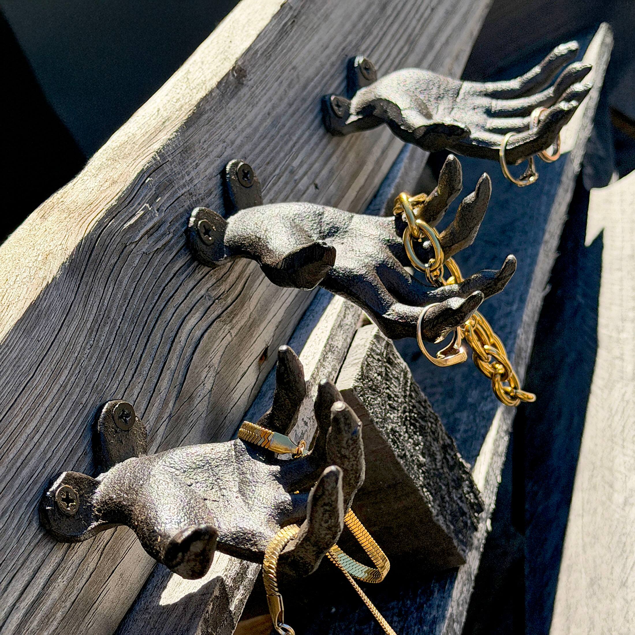 Alt View 3. Zeckos - Set of 3 Cast Iron Creepy Hand Wall Hooks Gothic Decor Distressed Black - Black.