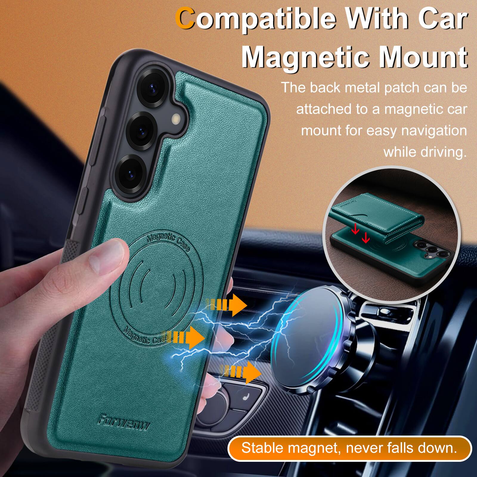 Compatible With Car Magnetic Mount  
The back metal patch can be attached to a magnetic car mount for easy navigation while driving.  

Magnetic Cast  
Stable magnet, never falls down.