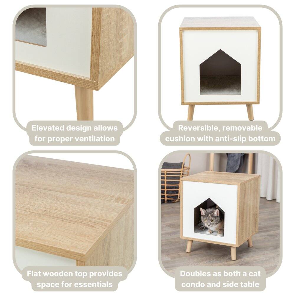 - Elevated design allows for proper ventilation
- Reversible, removable cushion with anti-slip bottom
- Flat wooden top provides space for essentials
- Doubles as both a cat condo and side table