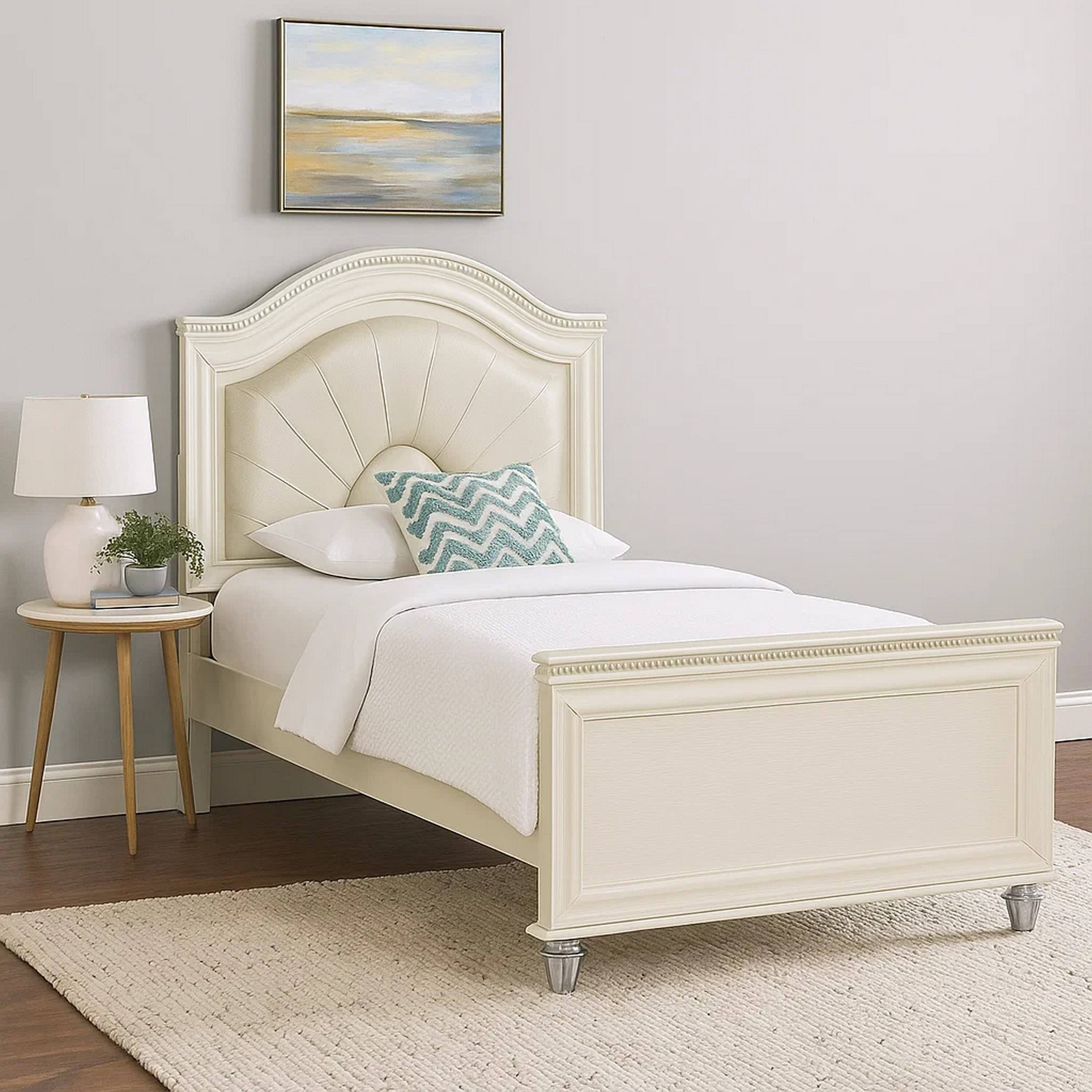 Alt View 6. Manhattan Lane - Jisoo Full Size Bed, Pearl White Upholstery, Radial Arch Headboard - Pearl White.