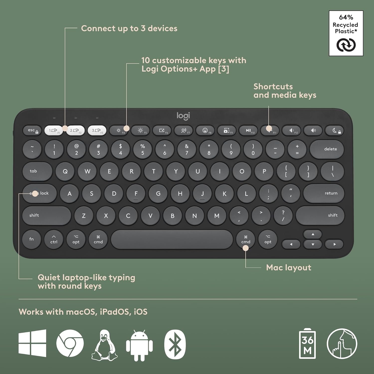 Connect up to 3 devices

10 customizable keys with Logi Options+ App [3]

Shortcuts and media keys

Quiet laptop-like typing with round keys

Mac layout

Works with macOS, iPadOS, iOS

64% Recycled Plastic*

36 M