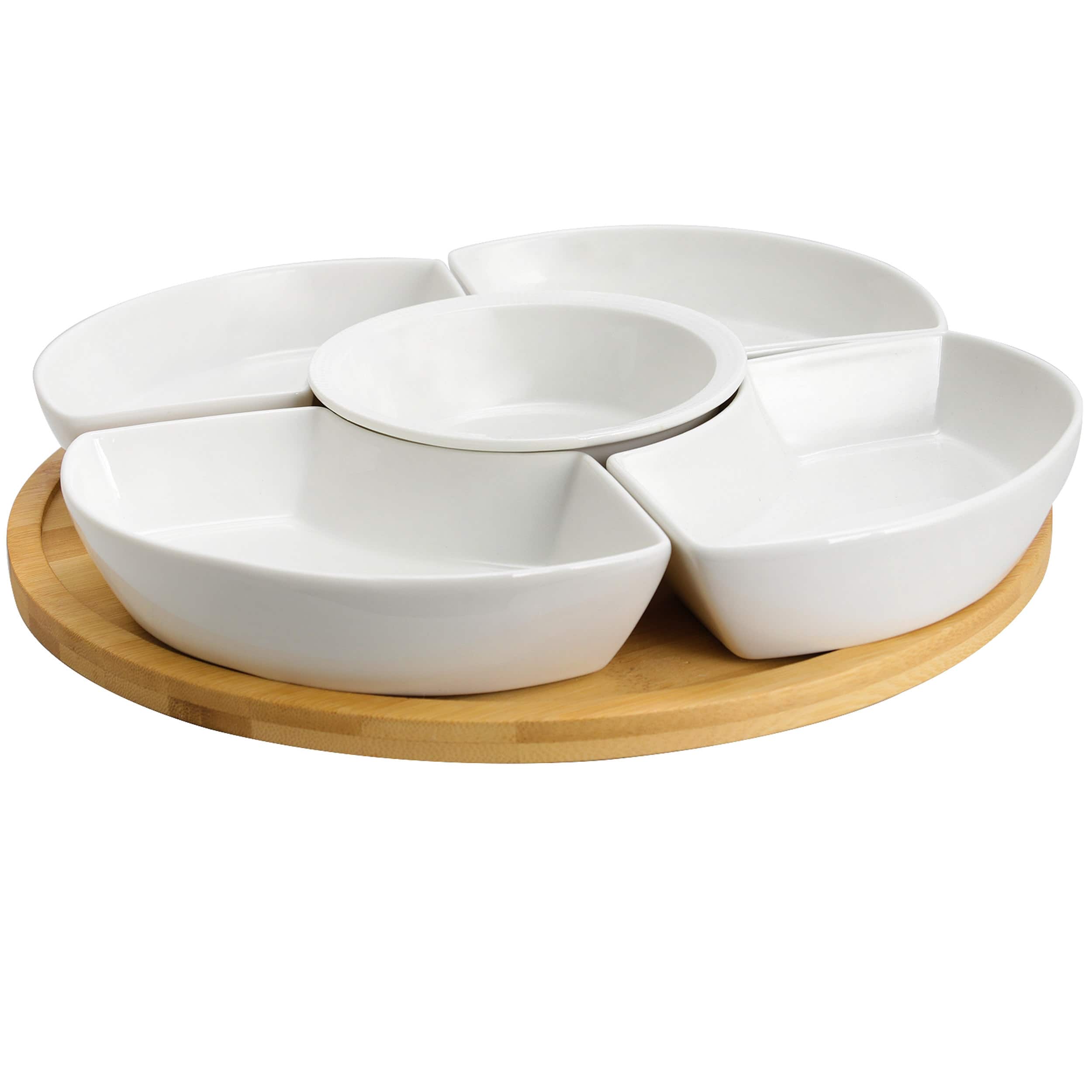 Elama - Signature 12 Inch 6-Piece Bamboo Lazy Susan Appetizer and Condiment Server Set with 5 Serving Dishes - Brown
