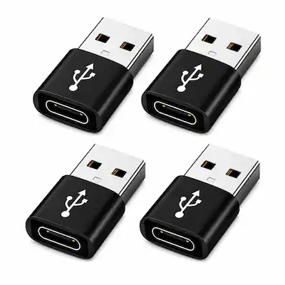 Front. Qixxronics - 4PCS USB-A to USB-C Adapter, TypeC Female to A Male Charger Converter for iPhone, Samsung, AirPods, iPad, Car, Xbox 360 - Black.
